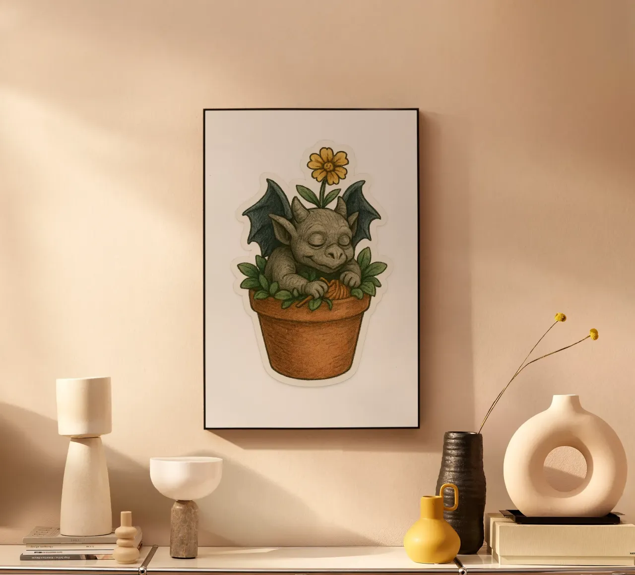 Baby Gargoyle che dorme in un vaso di fiori alluminio dibond da Taika Tori Art