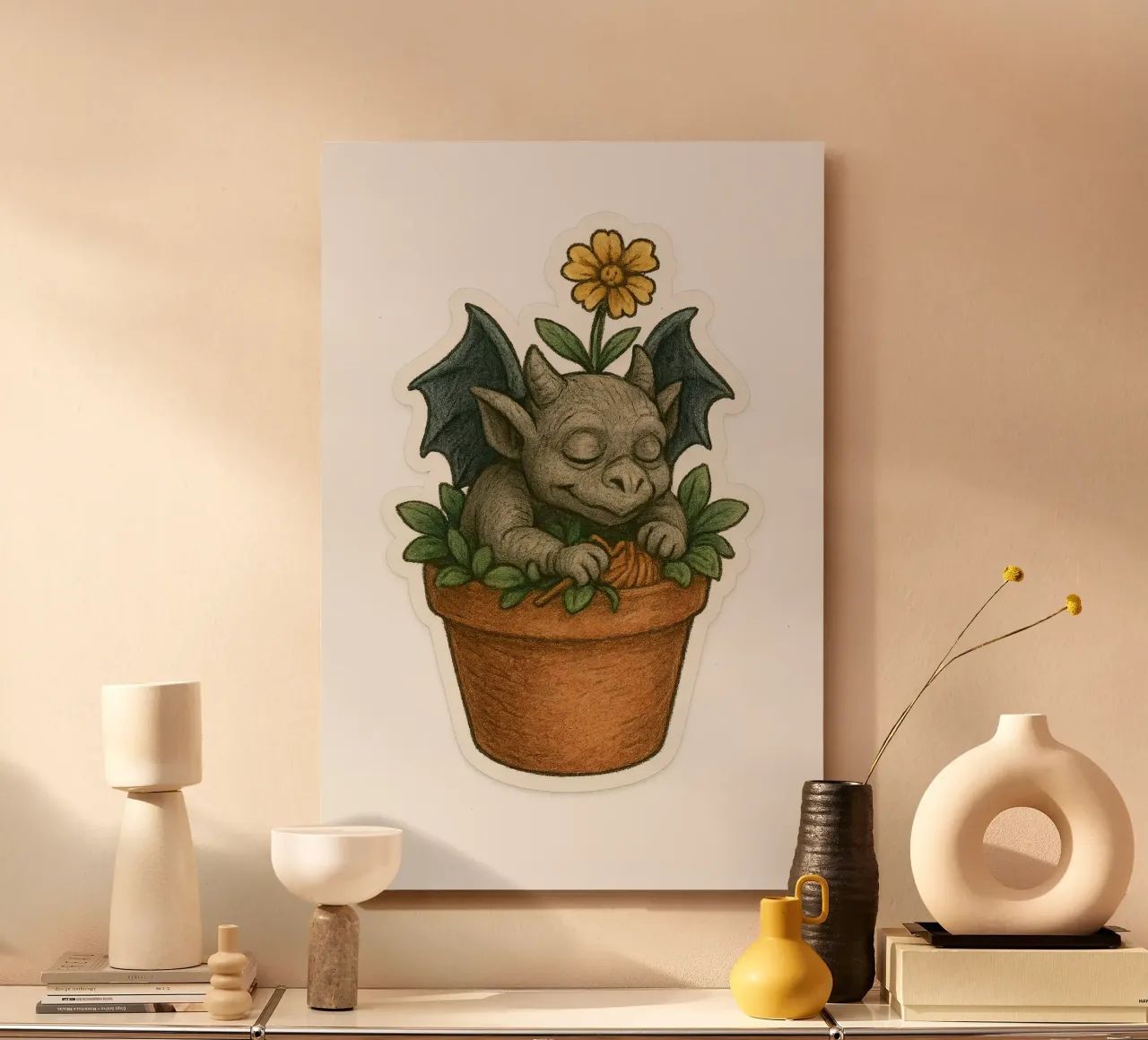 Baby Gargoyle che dorme in un vaso di fiori alluminio dibond da Taika Tori Art