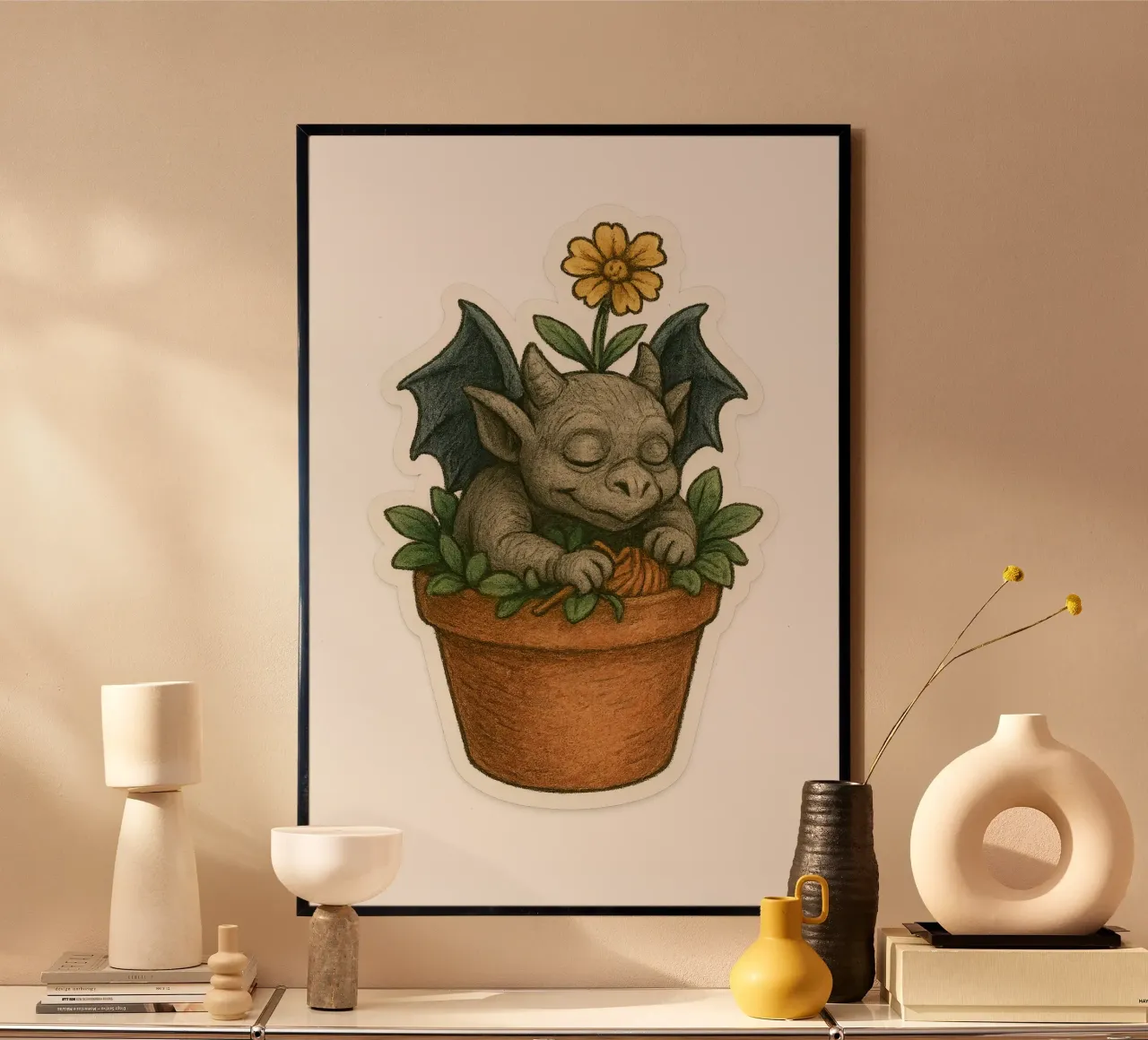 Baby Gargoyle che dorme in un vaso di fiori carta hahnemühle da Taika Tori Art