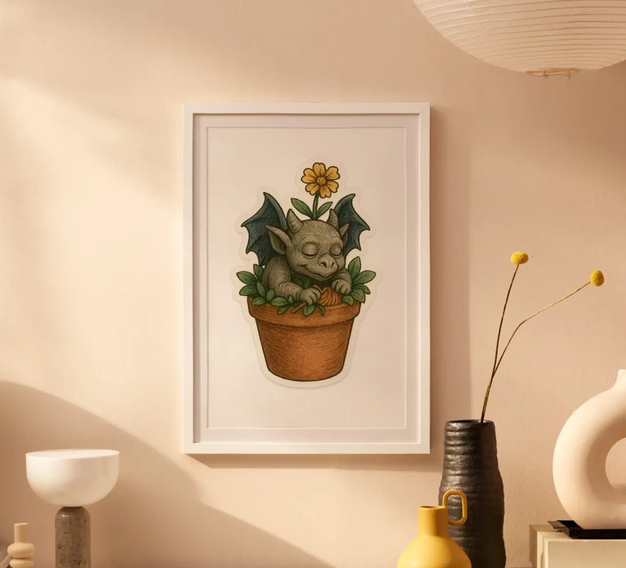 Baby Gargoyle che dorme in un vaso di fiori carta hahnemühle da Taika Tori Art