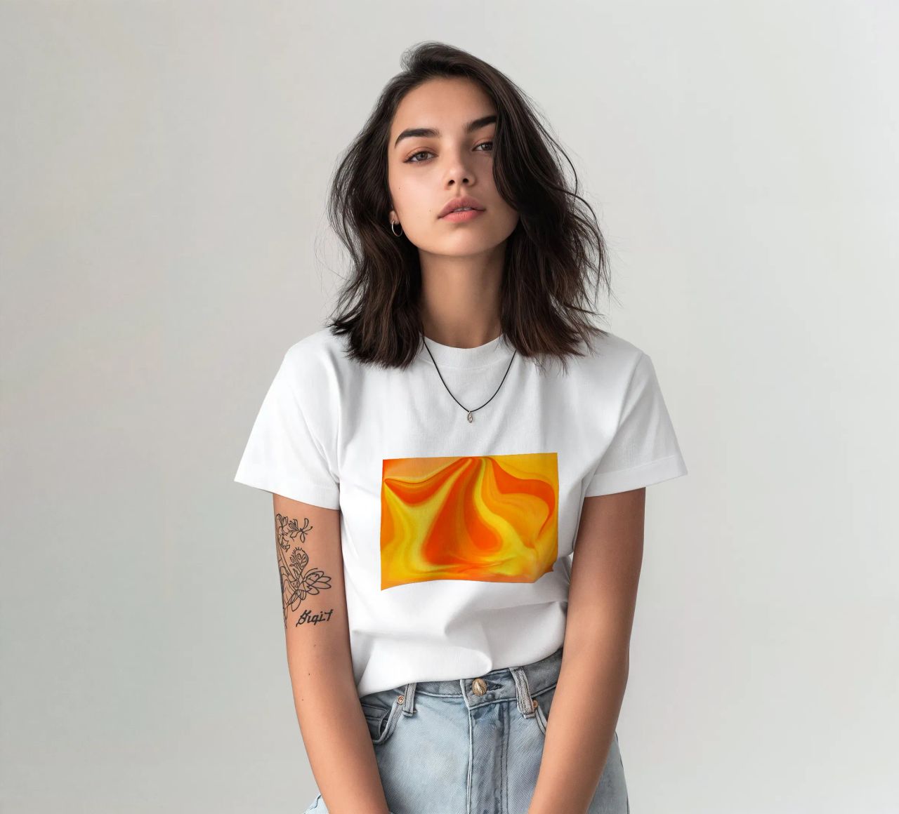 Abstract dynamic pattern in yellow, orange and red. t-shirt by Something for you
