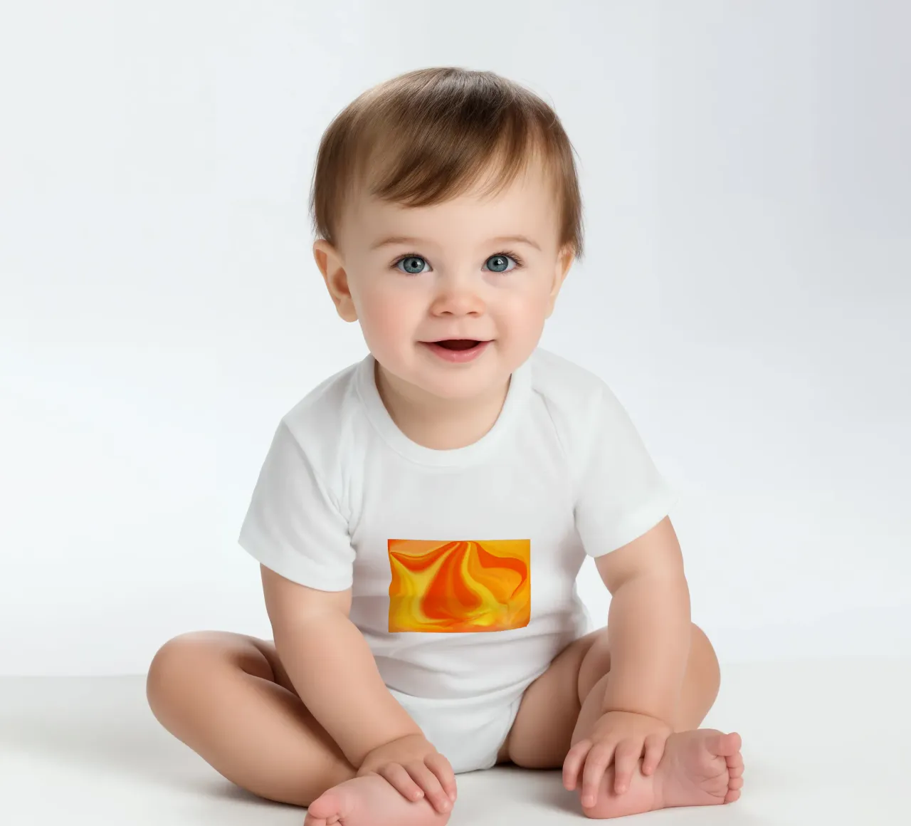 Abstraktes dynamisches Muster in gelb, orange und rot. Kurzarm Babybody von Something for you