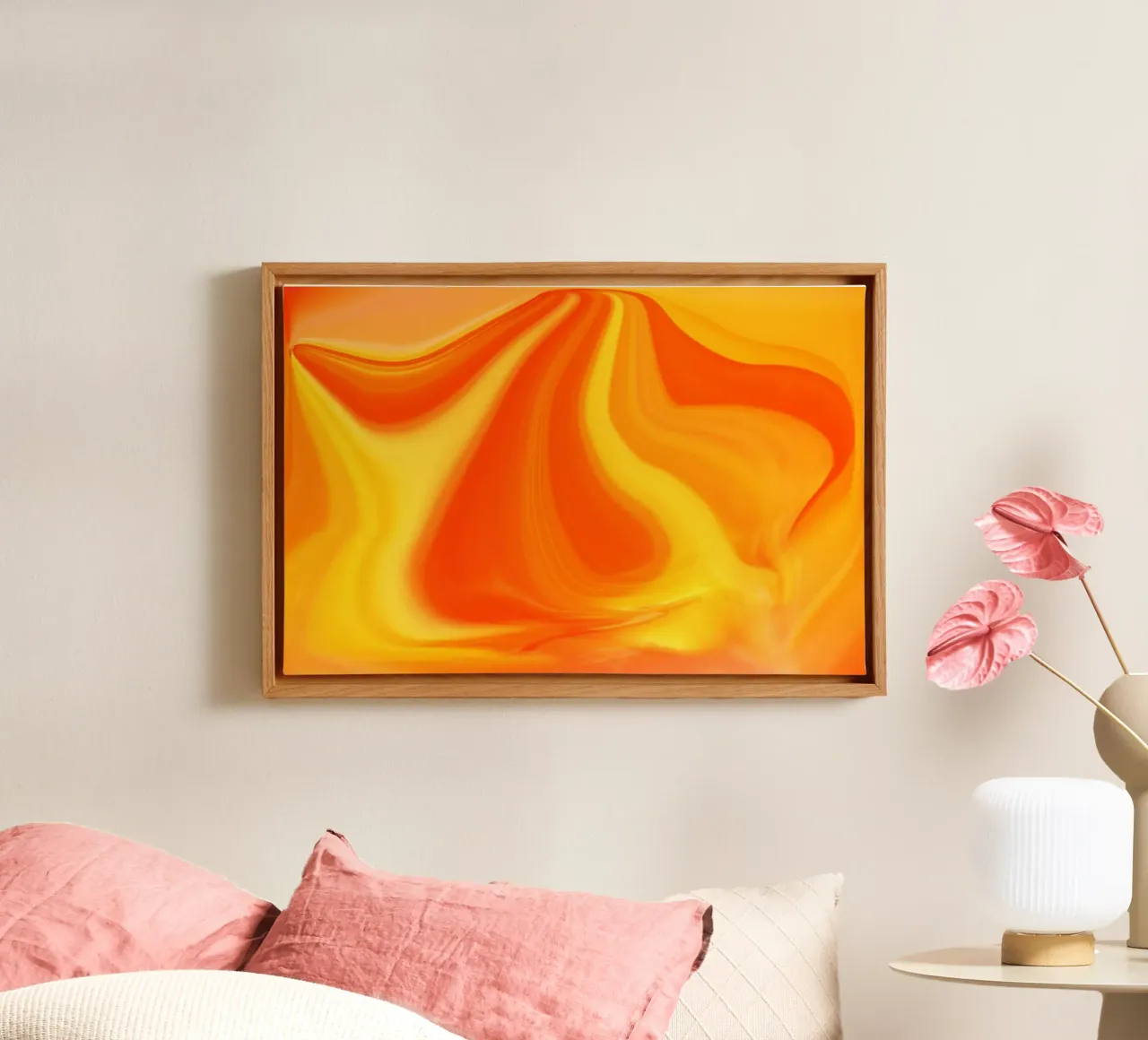 Abstract dynamic pattern in yellow, orange and red. canvas with Floater frame by Something for you