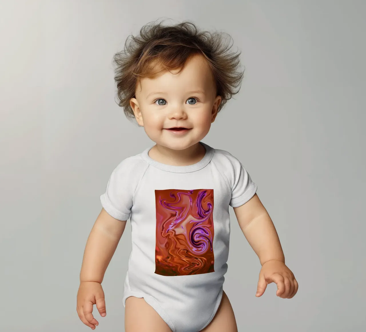 Abstract dynamic pattern in orange, brown and purple short-sleeve baby romper by Something for you