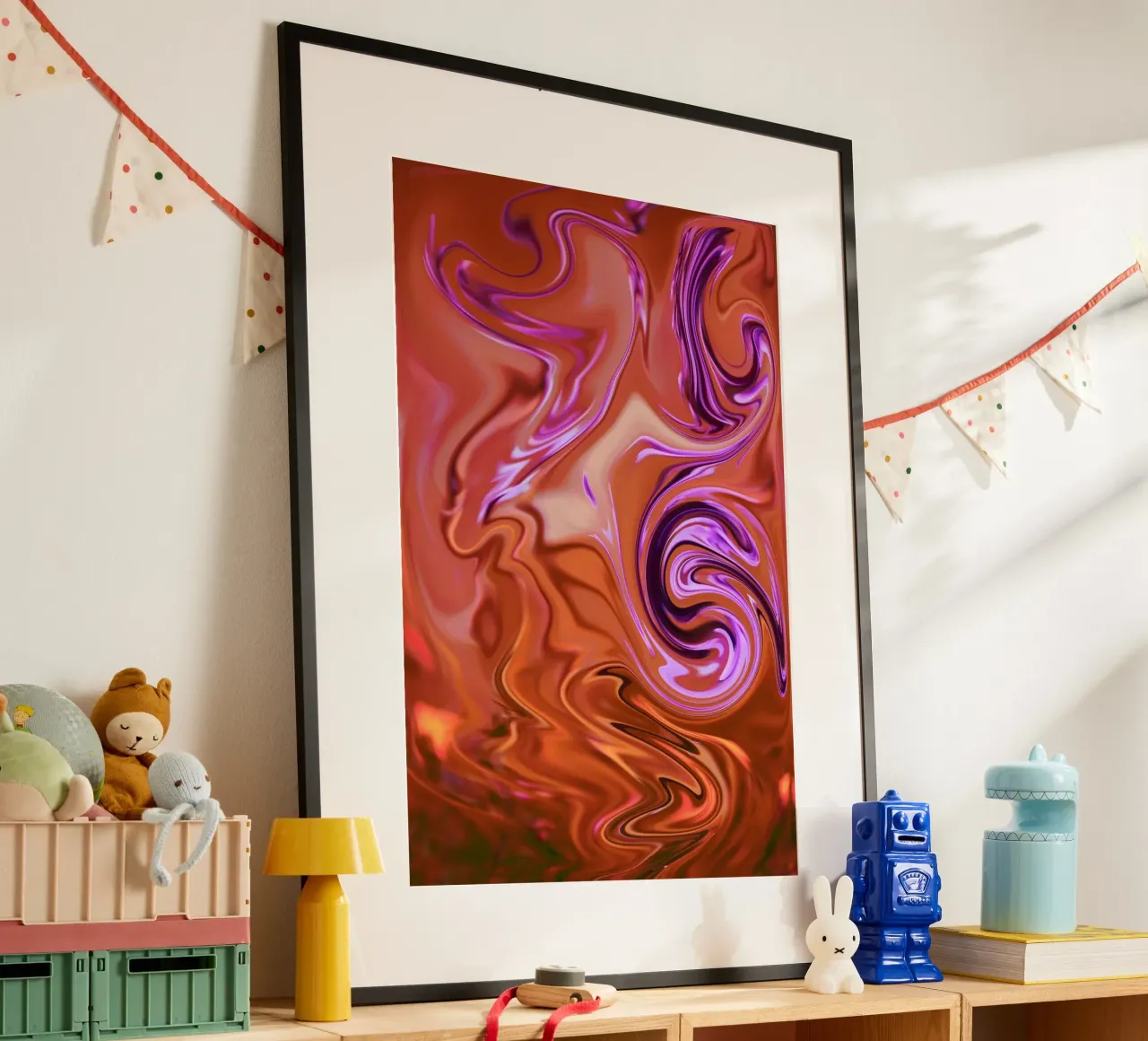 Motif dynamique abstrait en orange, marron et violet poster avec cadre en plastique de Something for you