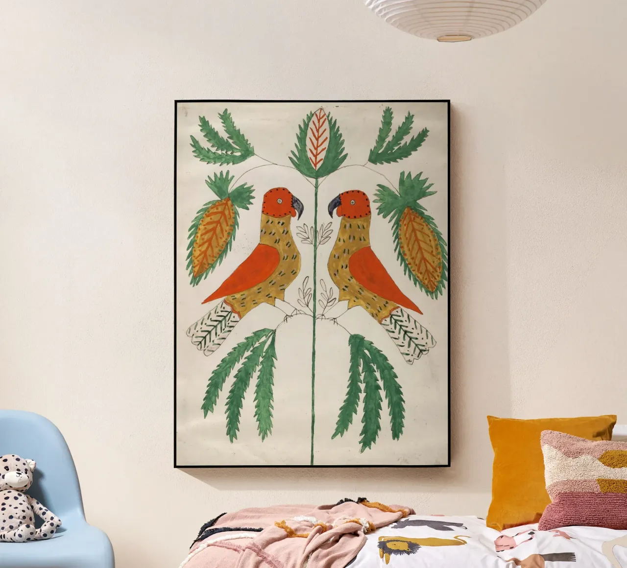 Two Red and Yellow Parrots Facing Each Other plexiglass da vintageshop