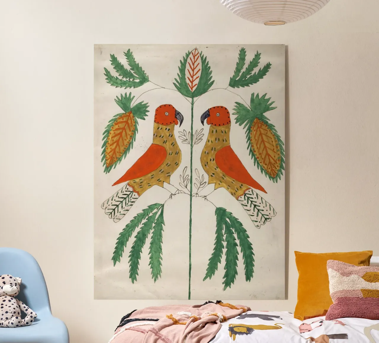 Two Red and Yellow Parrots Facing Each Other plexiglass da vintageshop