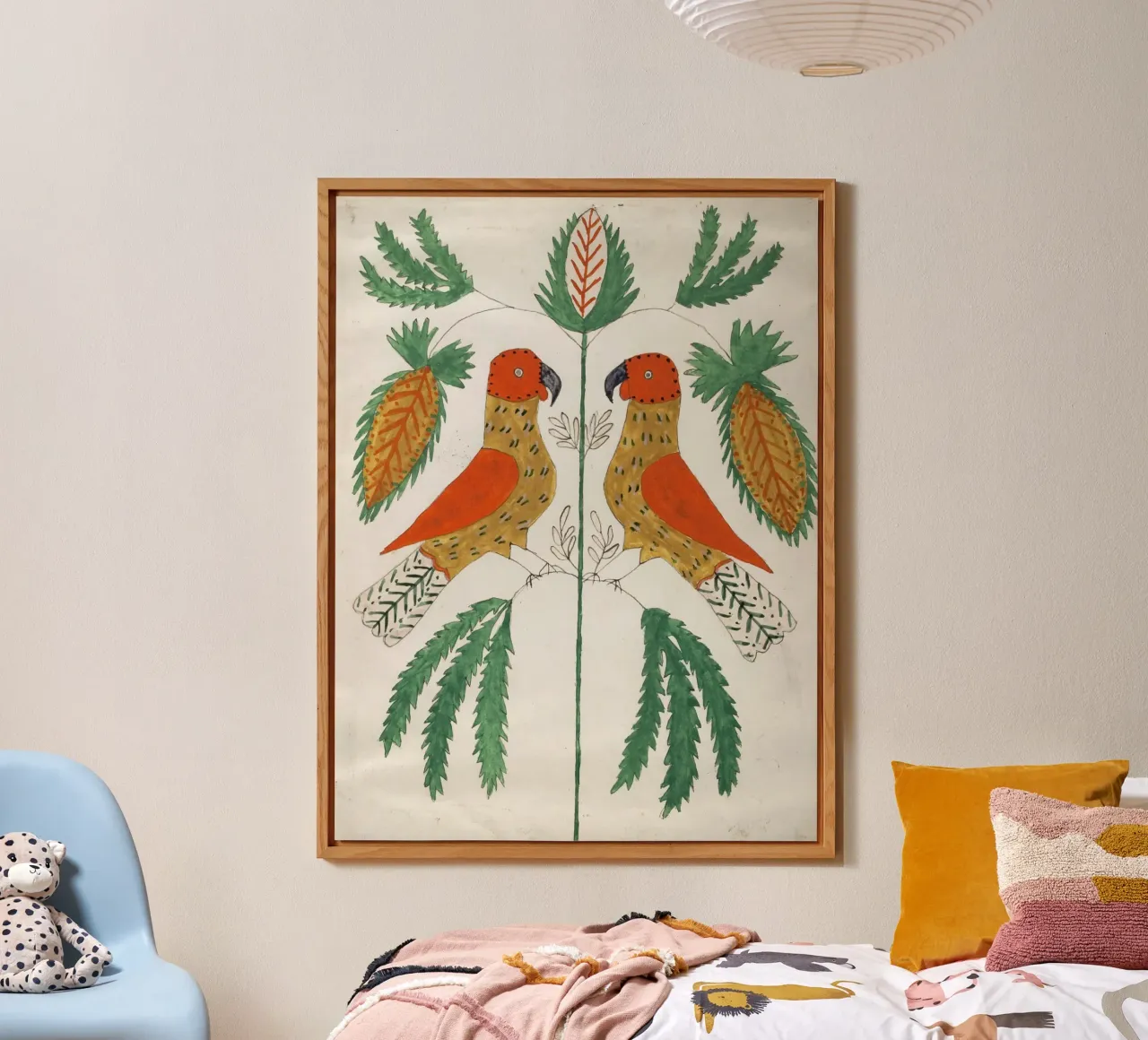 Two Red and Yellow Parrots Facing Each Other alluminio dibond da vintageshop