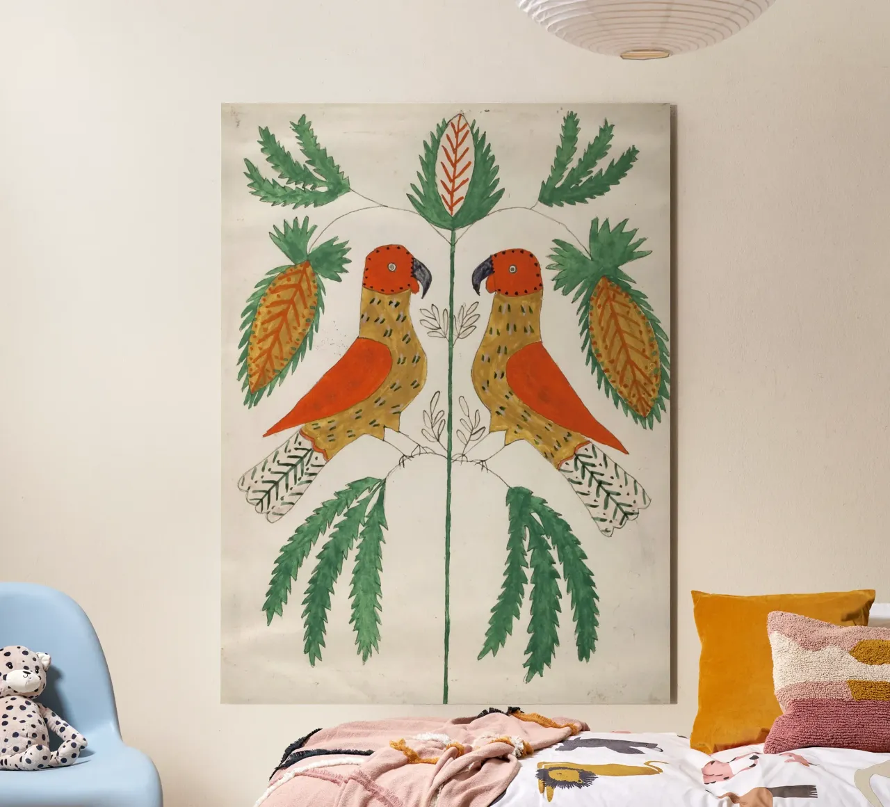 Two Red and Yellow Parrots Facing Each Other alluminio dibond da vintageshop