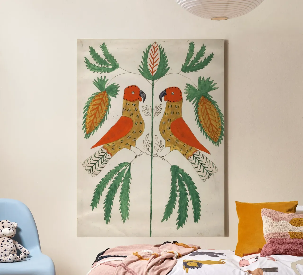 Two Red and Yellow Parrots Facing Each Other tela da vintageshop