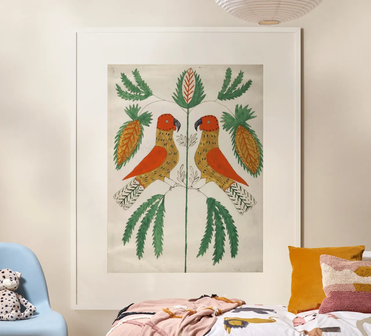 Two Red and Yellow Parrots Facing Each Other carta hahnemühle da vintageshop