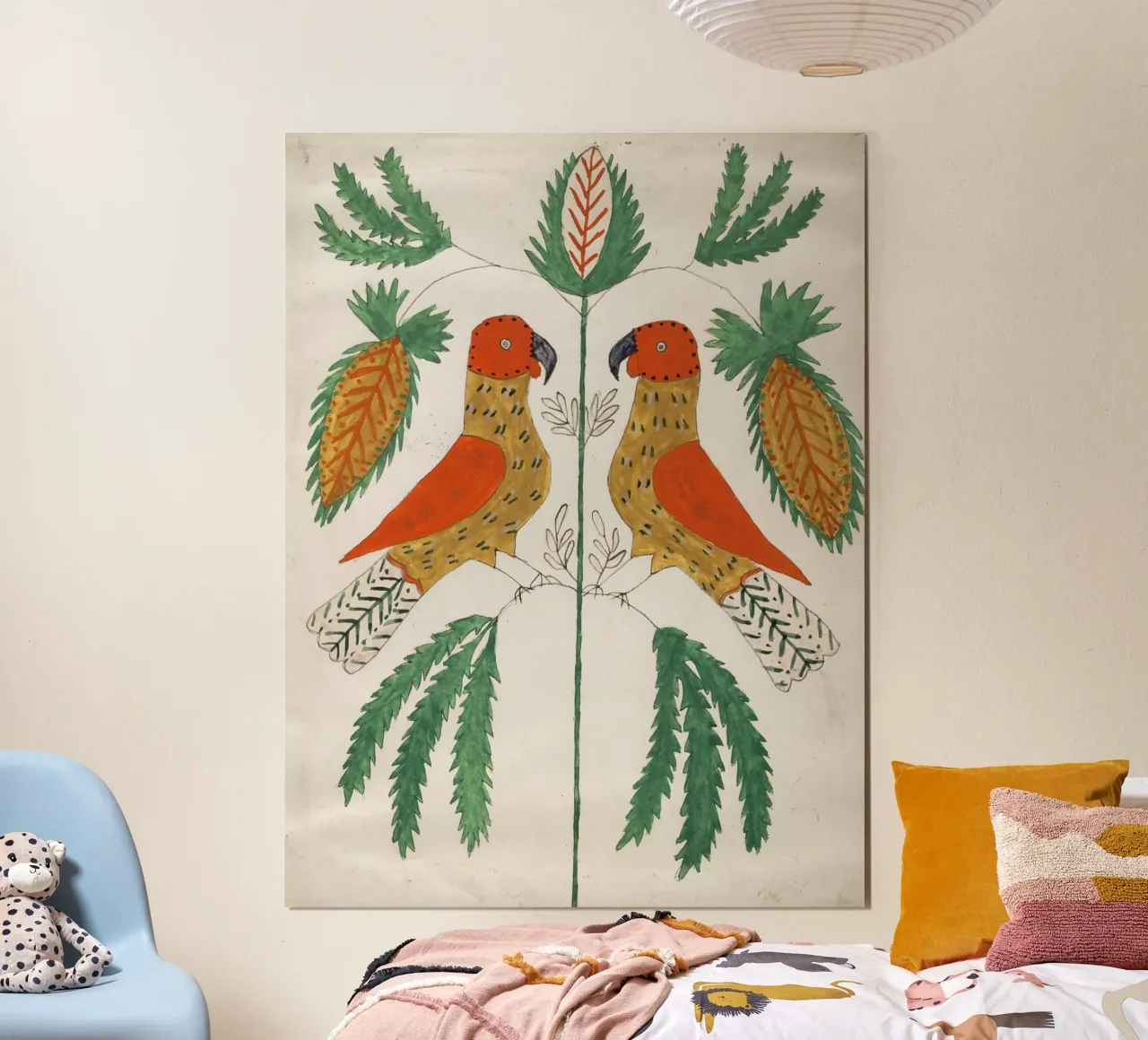 Two Red and Yellow Parrots Facing Each Other carta hahnemühle da vintageshop