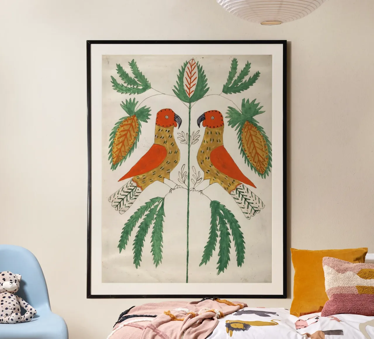Two Red and Yellow Parrots Facing Each Other carta hahnemühle da vintageshop