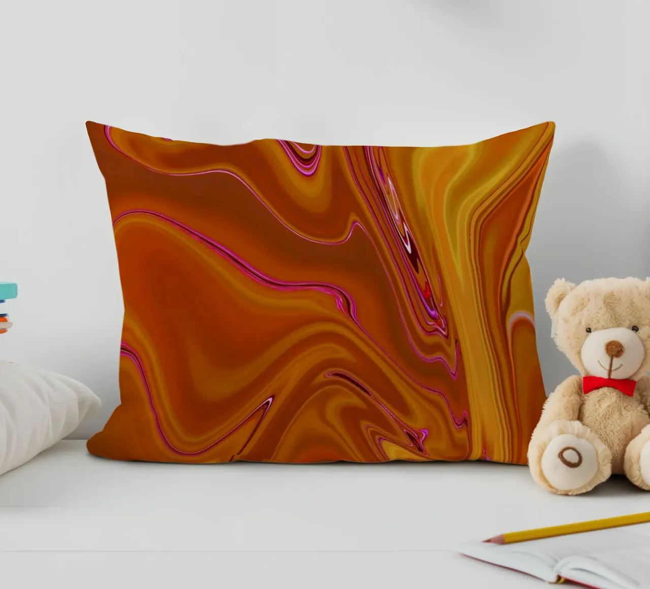 Abstract dynamic pattern in yellow, orange and purple. decorative cushion by Something for you