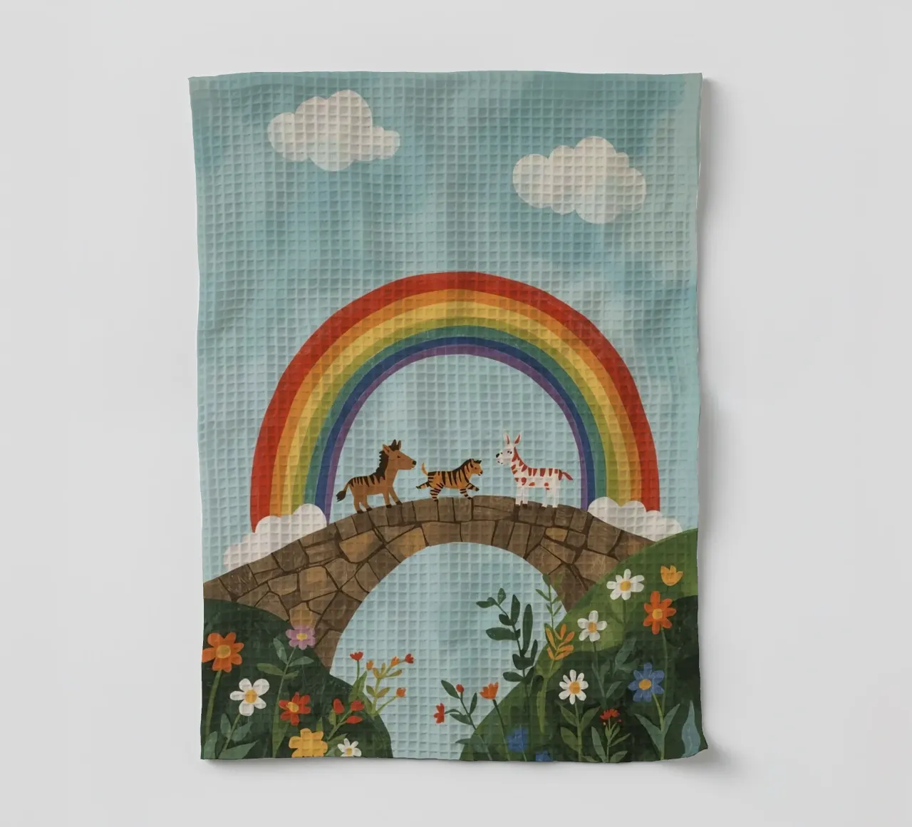 Animaux mignons traversant le pont de pierre sous un arc-en-ciel torchon de DesignDoodle