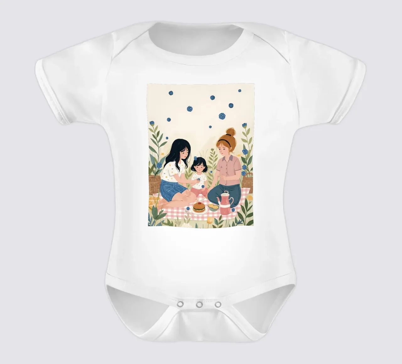 Una famiglia che si gode un picnic con cibo e fiori body neonato maniche corte da DesignDoodle