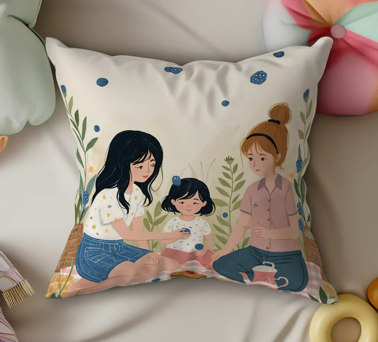 Una famiglia che si gode un picnic con cibo e fiori cuscino da DesignDoodle