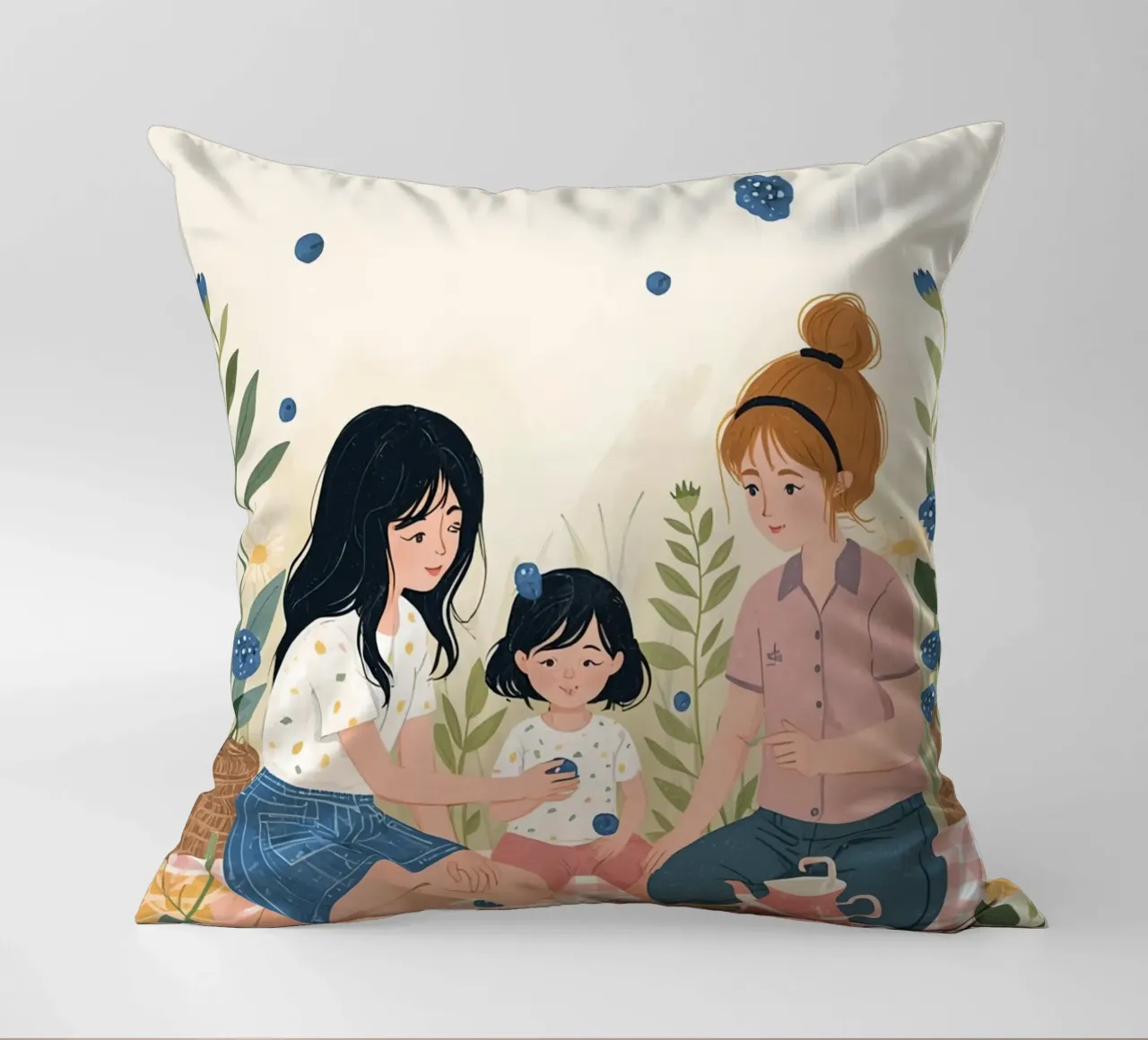 Una famiglia che si gode un picnic con cibo e fiori cuscino da DesignDoodle