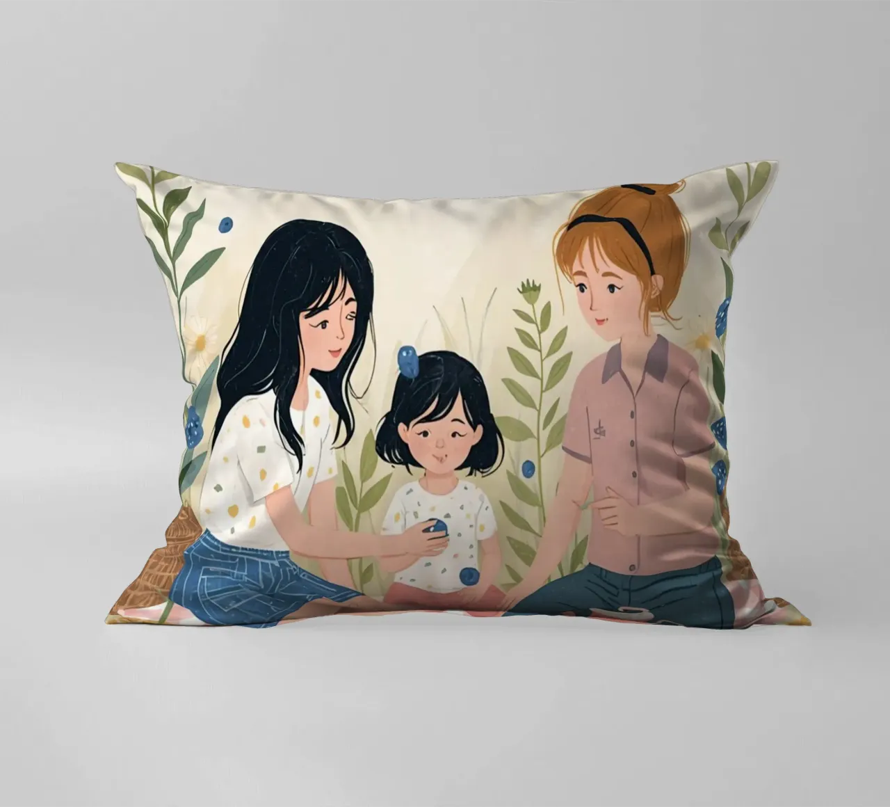 Una famiglia che si gode un picnic con cibo e fiori cuscino da DesignDoodle