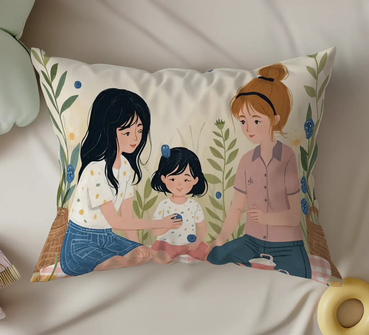 Una famiglia che si gode un picnic con cibo e fiori cuscino da DesignDoodle