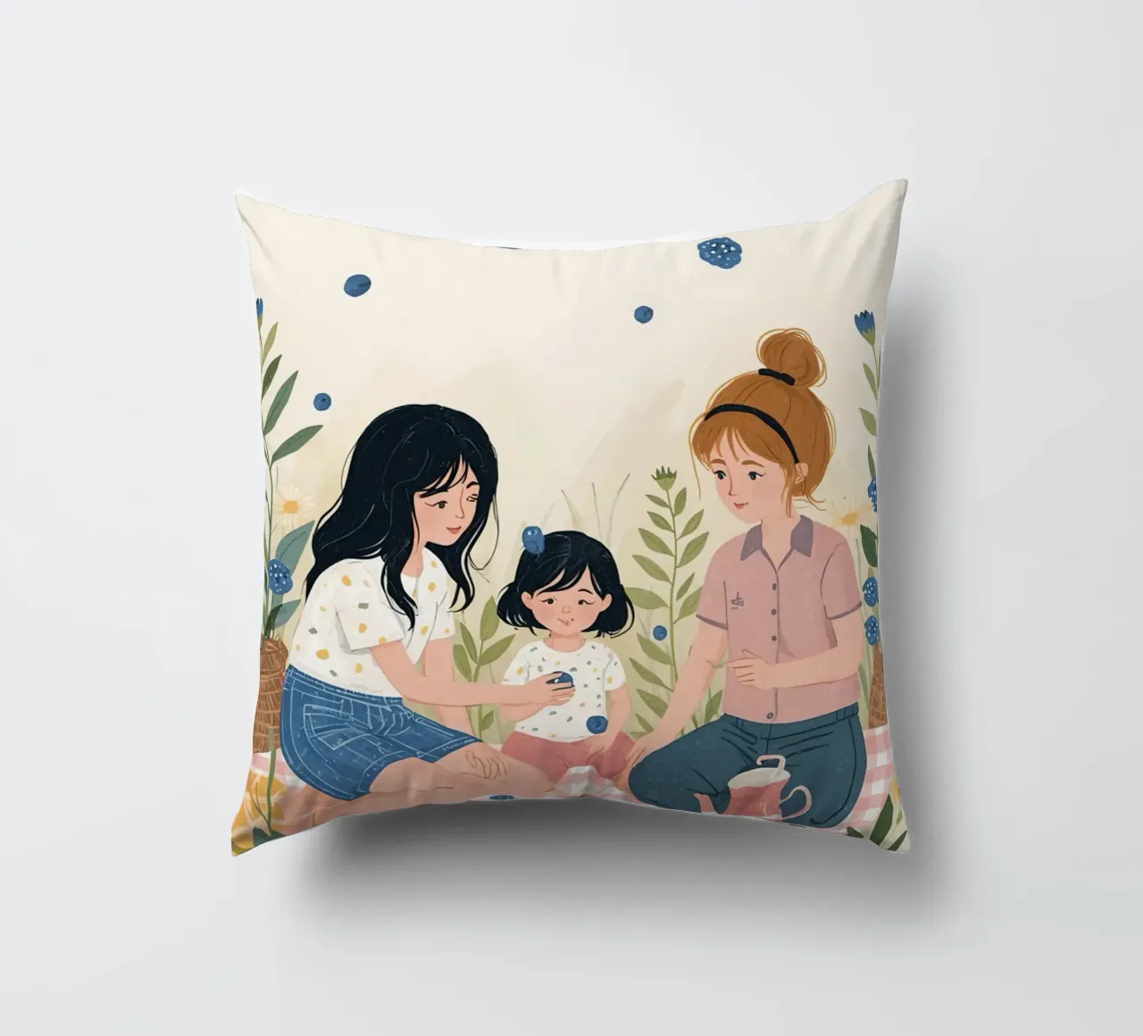 Una famiglia che si gode un picnic con cibo e fiori cuscino da DesignDoodle