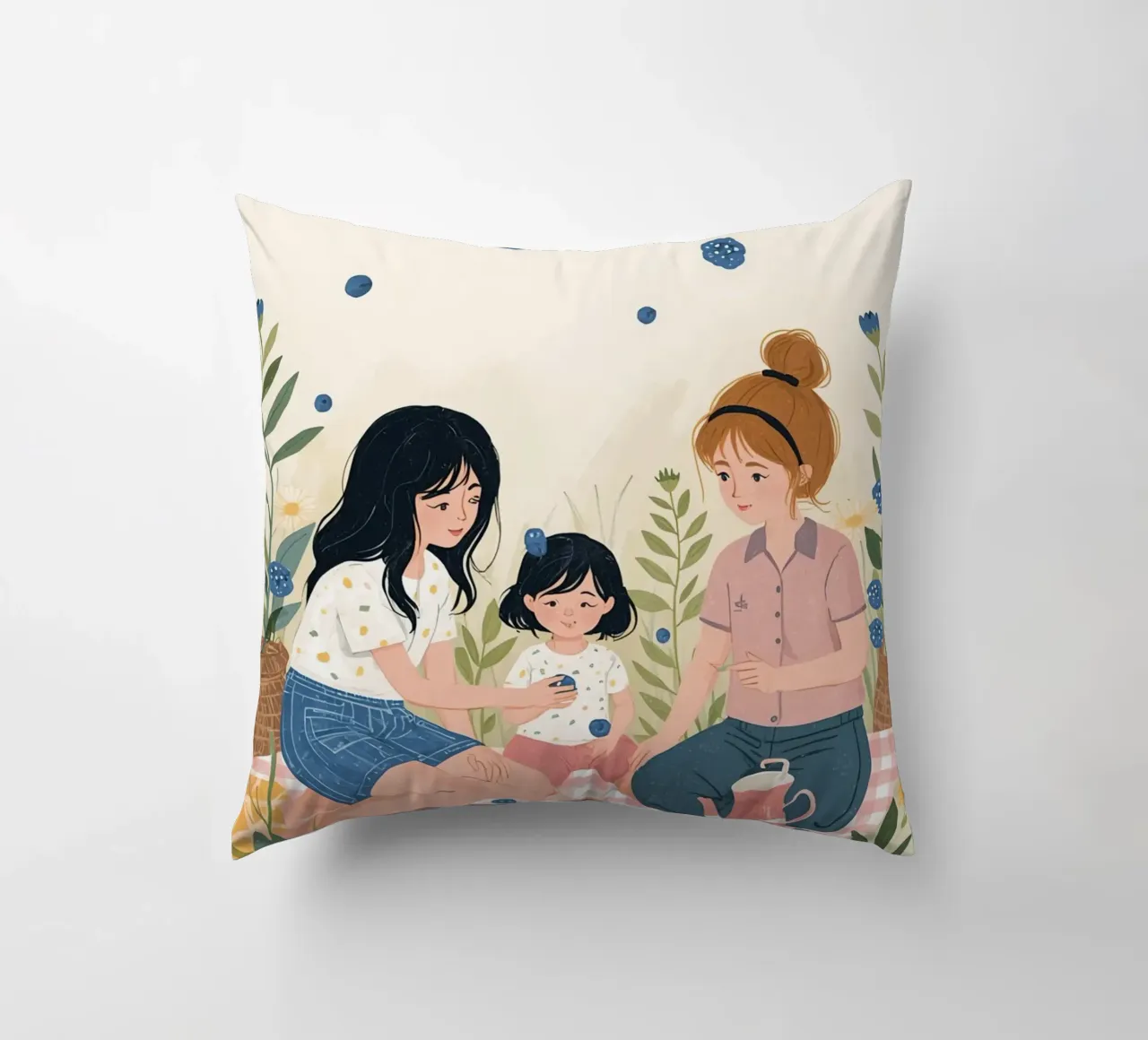 Una famiglia che si gode un picnic con cibo e fiori cuscino da DesignDoodle