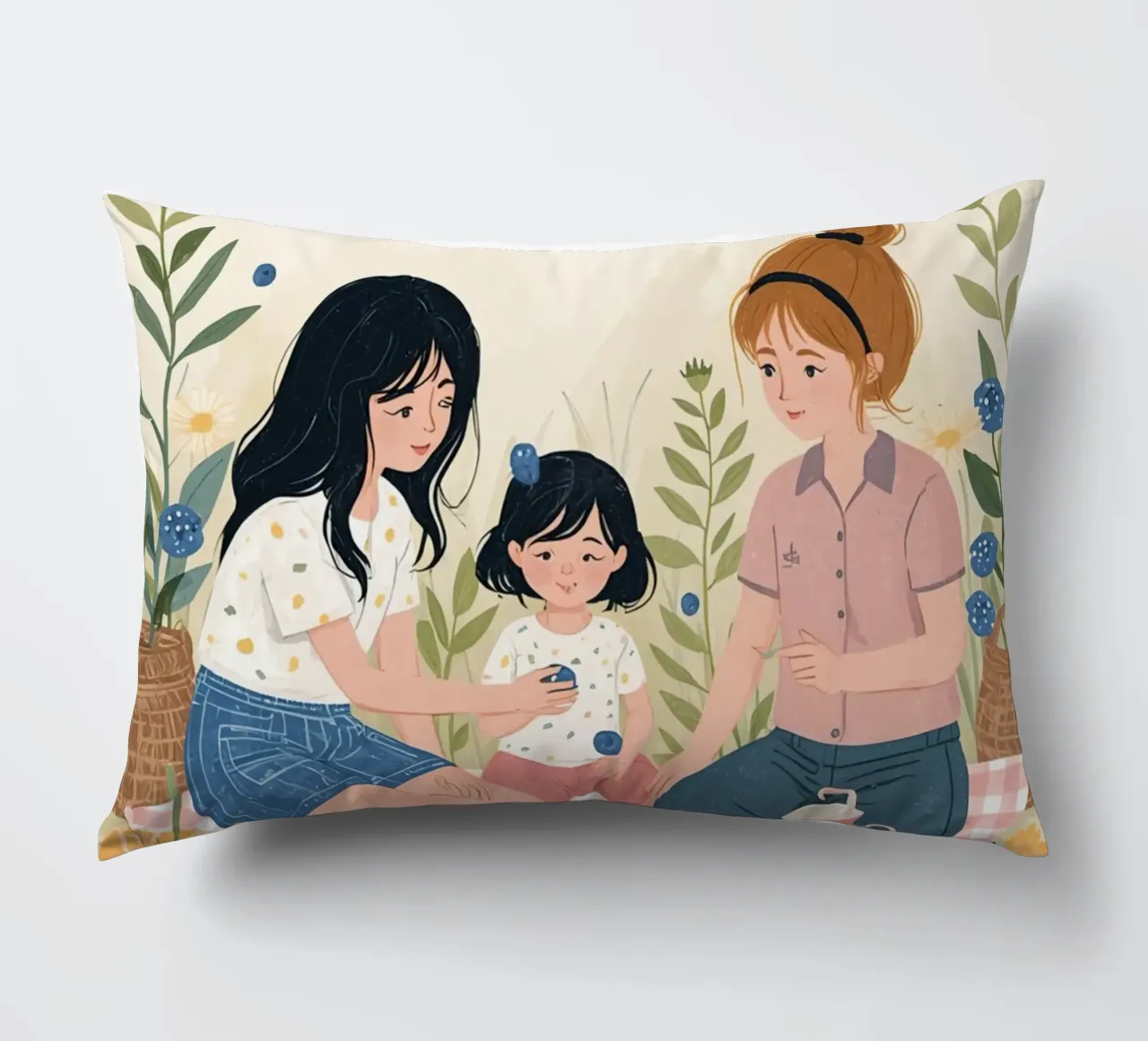 Una famiglia che si gode un picnic con cibo e fiori cuscino da DesignDoodle