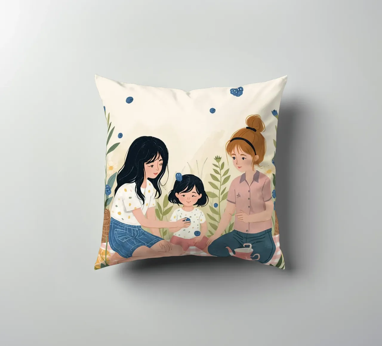 Una famiglia che si gode un picnic con cibo e fiori cuscino da DesignDoodle