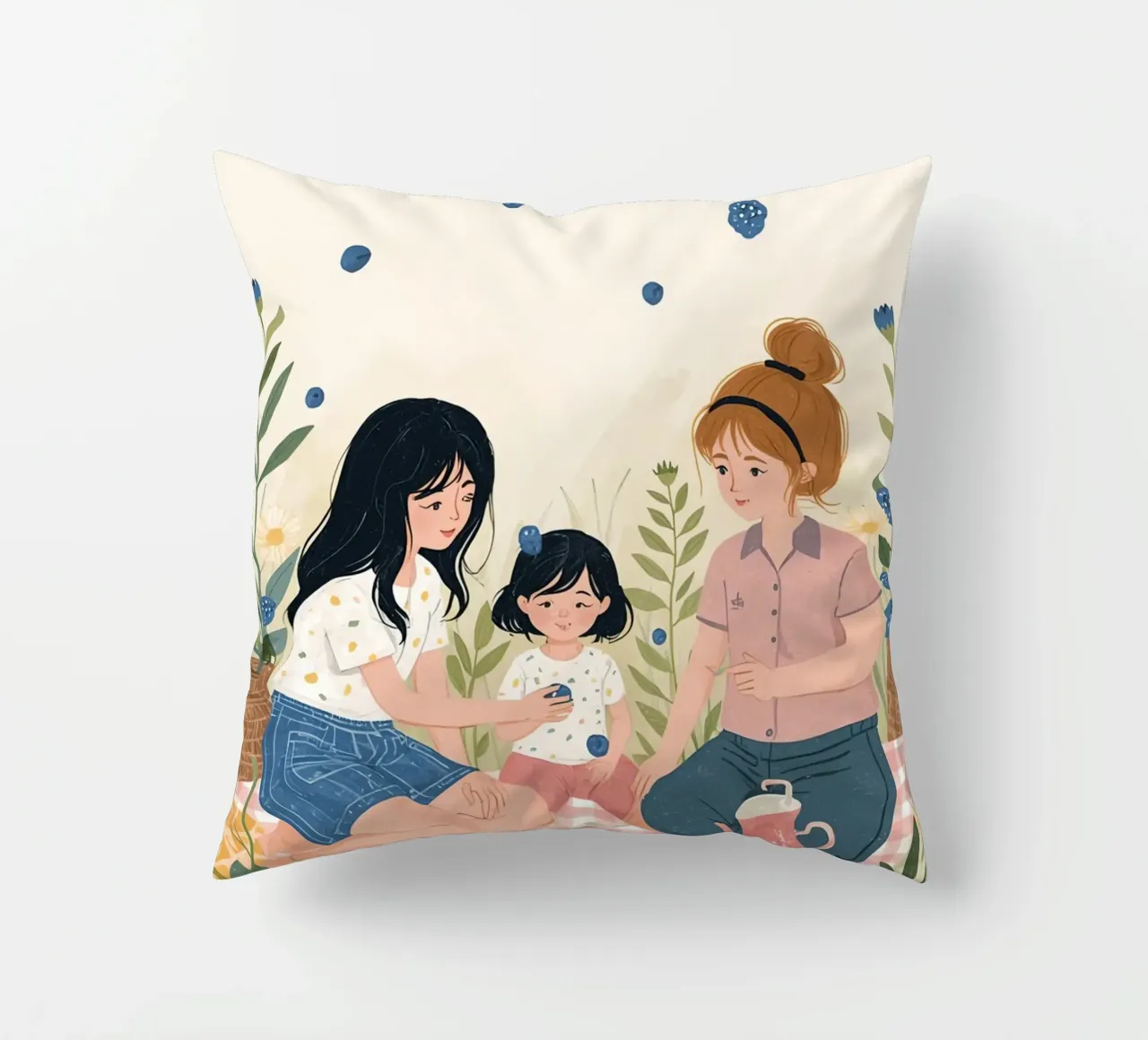 Una famiglia che si gode un picnic con cibo e fiori cuscino da DesignDoodle