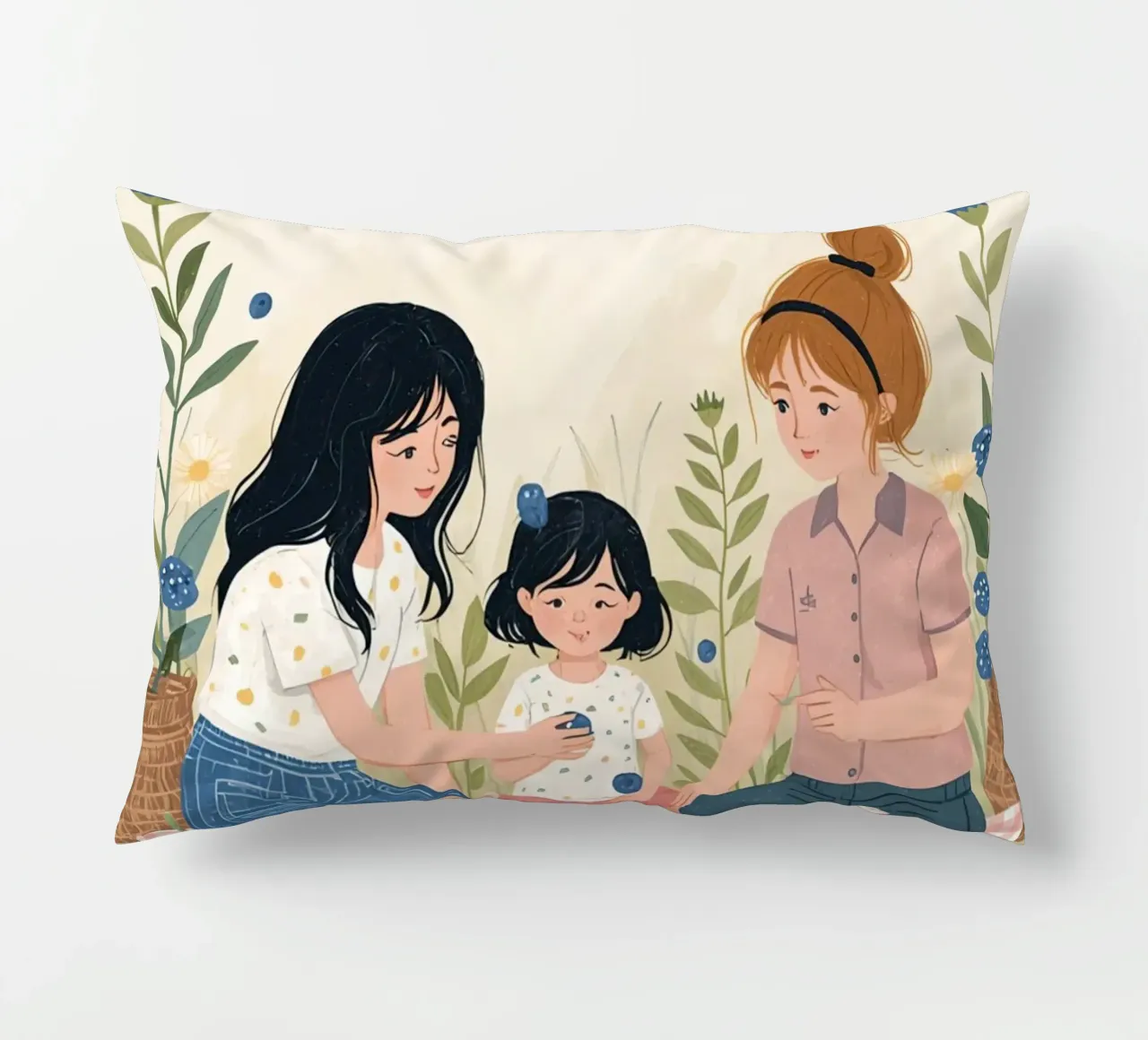 Una famiglia che si gode un picnic con cibo e fiori cuscino da DesignDoodle