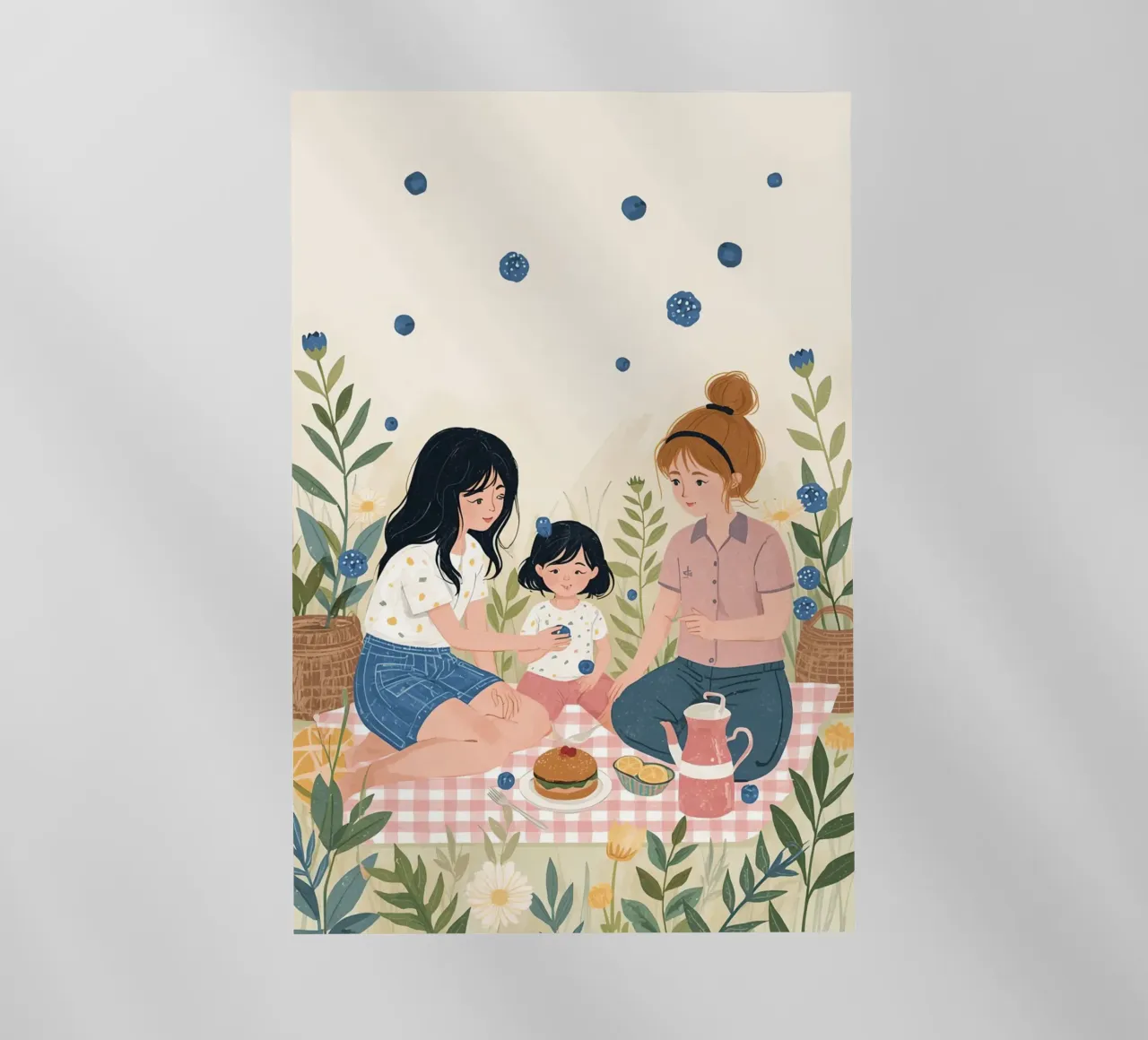 Una famiglia che si gode un picnic con cibo e fiori pellicola backlit da DesignDoodle