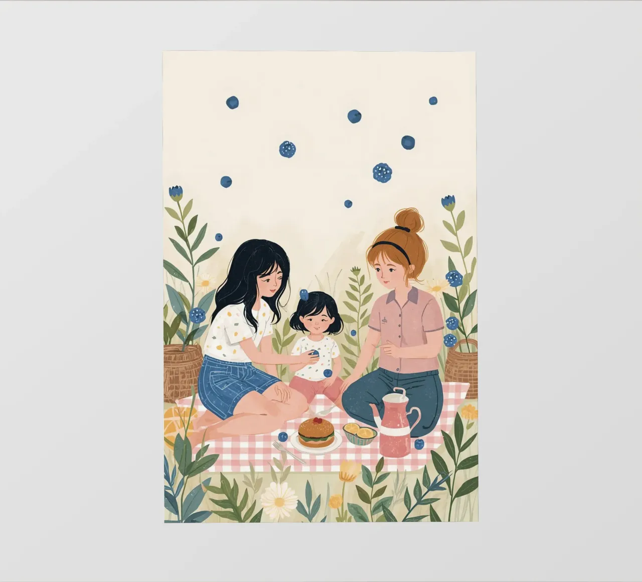 Una famiglia che si gode un picnic con cibo e fiori pellicola backlit da DesignDoodle