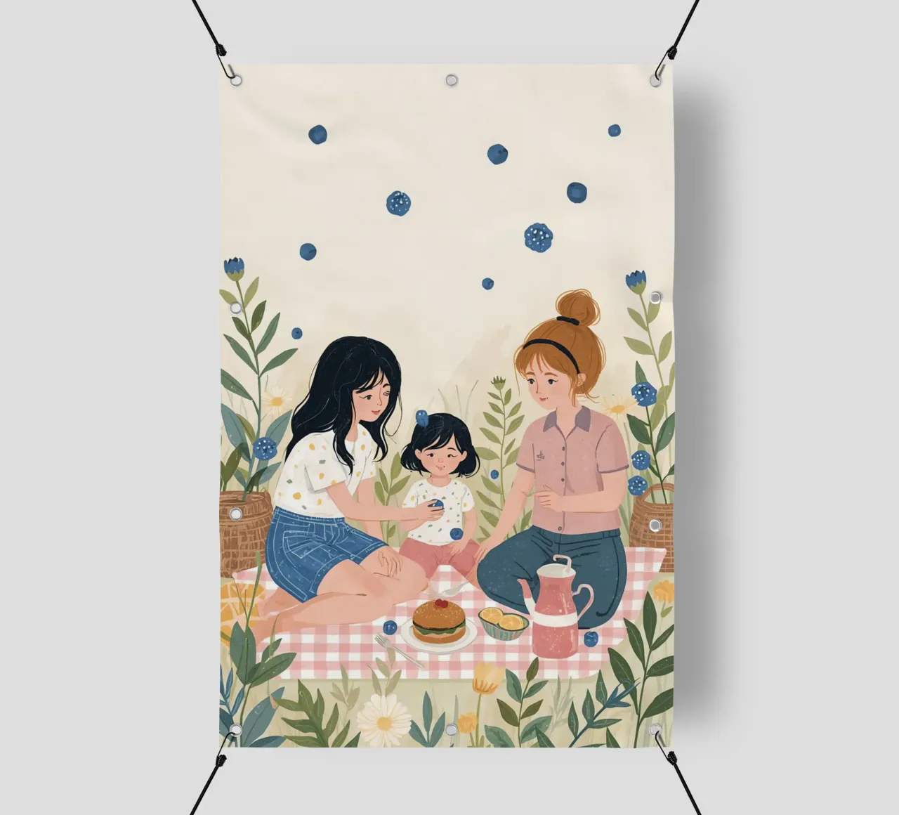 Una famiglia che si gode un picnic con cibo e fiori telo in pvc da DesignDoodle
