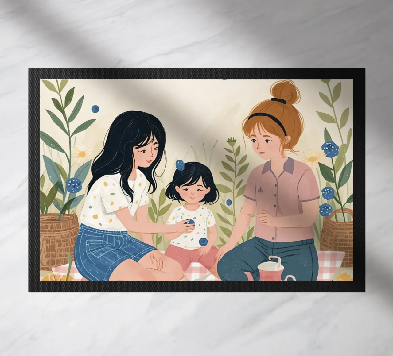 Familia disfrutando de un picnic con comida y flores felpudo de DesignDoodle