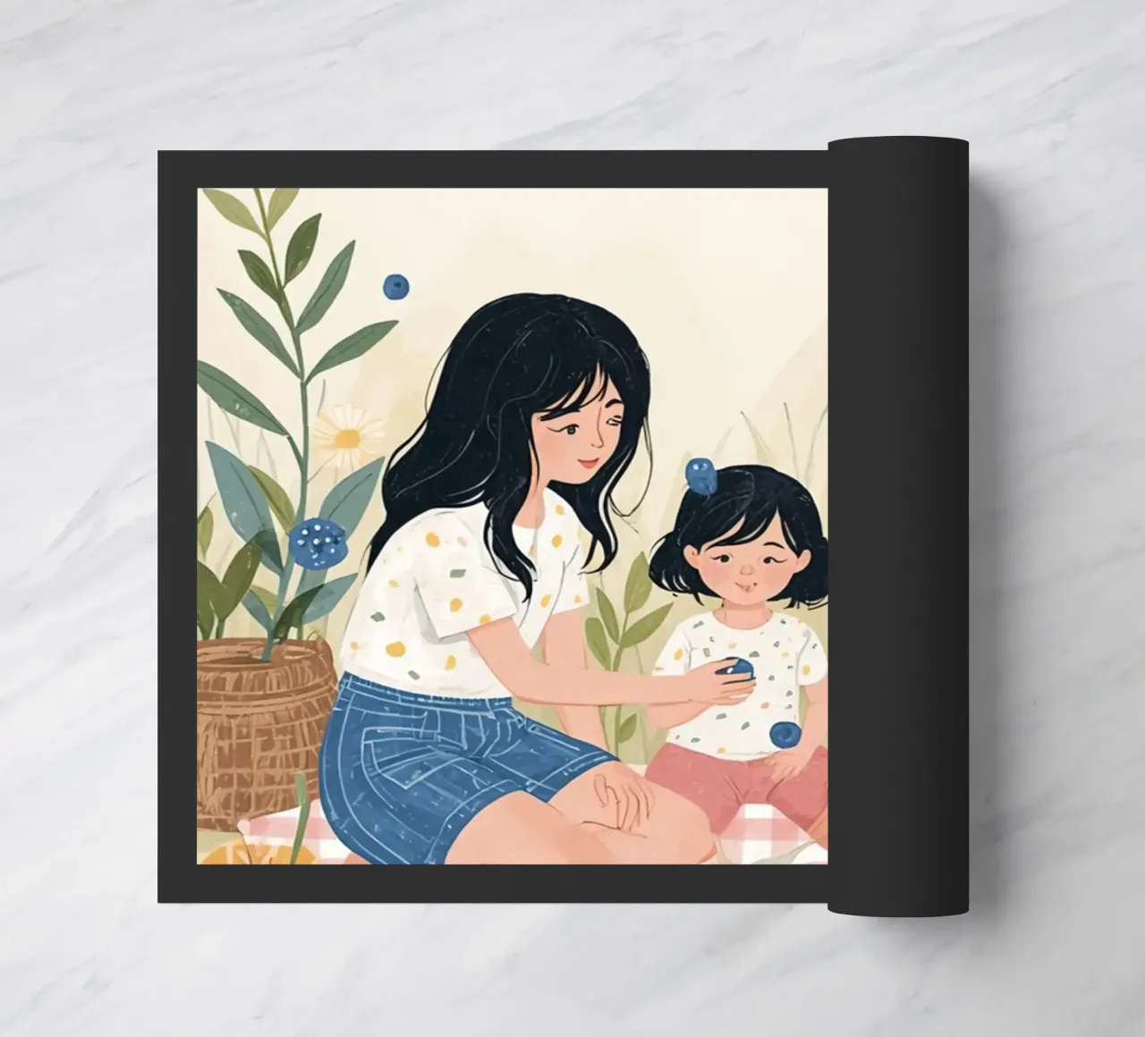 Familia disfrutando de un picnic con comida y flores felpudo de DesignDoodle