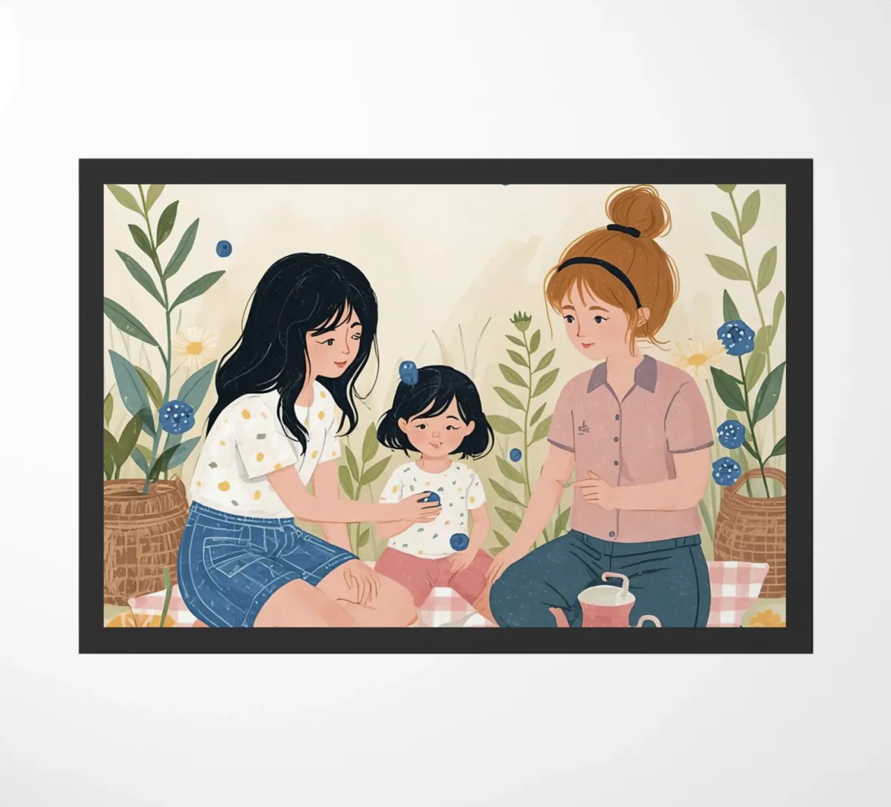 Familia disfrutando de un picnic con comida y flores felpudo de DesignDoodle