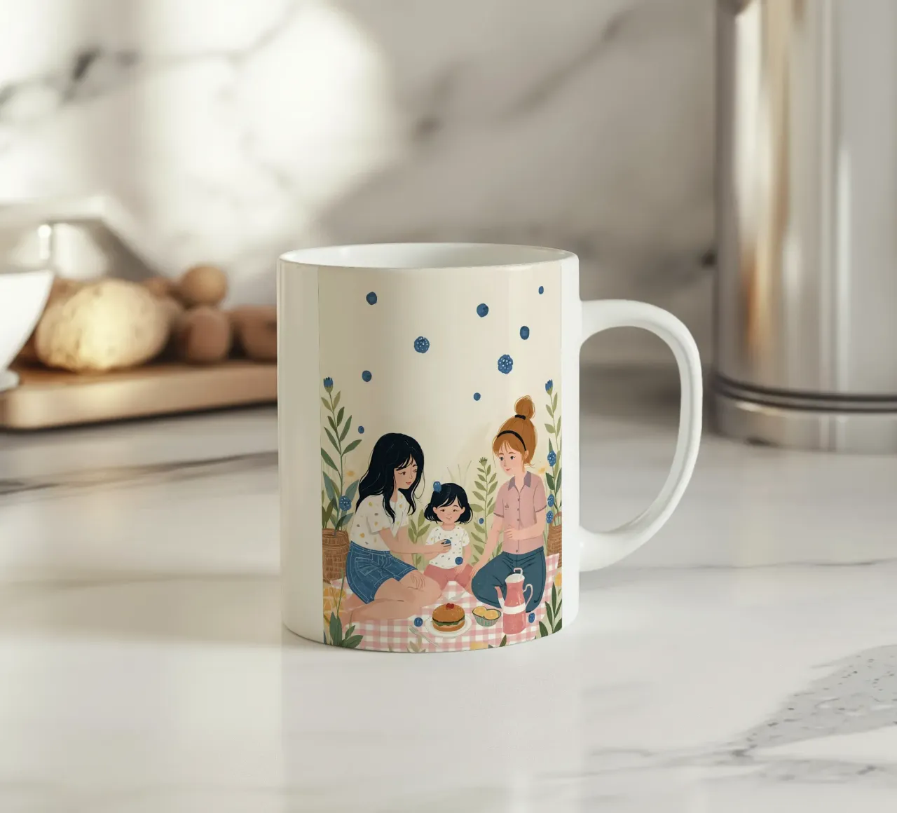 Una famiglia che si gode un picnic con cibo e fiori tazza in ceramica da DesignDoodle
