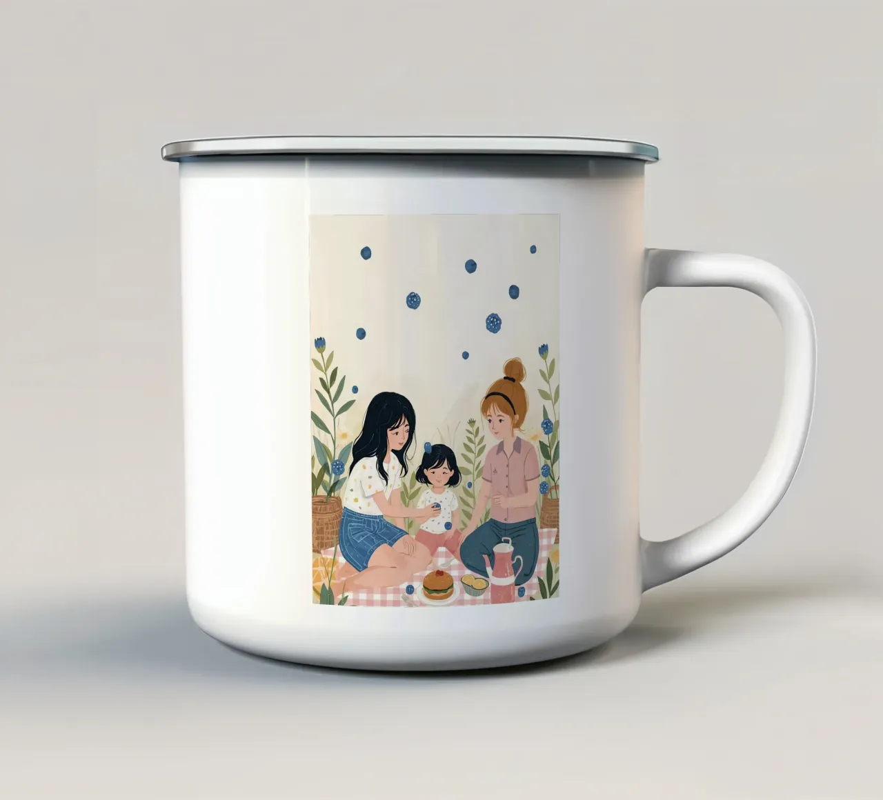 Una famiglia che si gode un picnic con cibo e fiori tazza in smalto da DesignDoodle