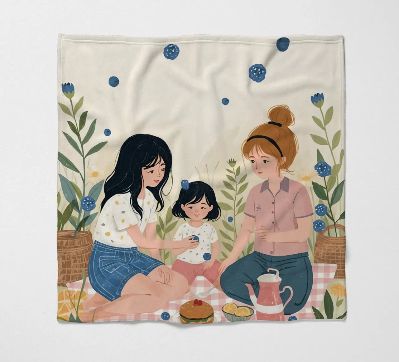 Una famiglia che si gode un picnic con cibo e fiori coperta in pile da DesignDoodle