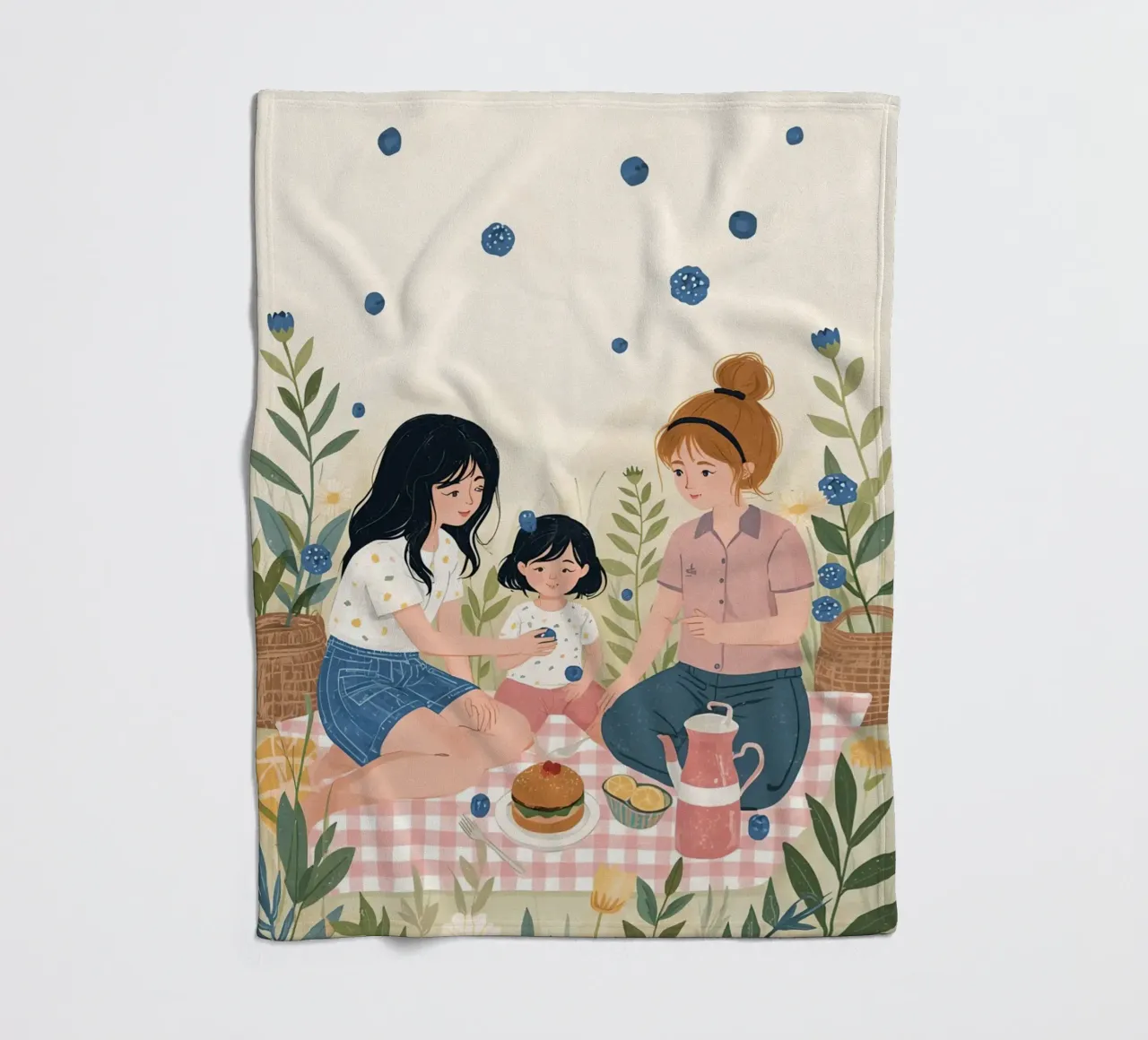 Una famiglia che si gode un picnic con cibo e fiori coperta in pile da DesignDoodle