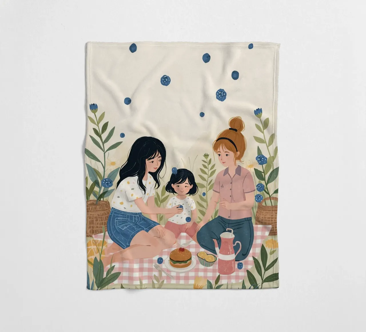 Una famiglia che si gode un picnic con cibo e fiori coperta in pile da DesignDoodle