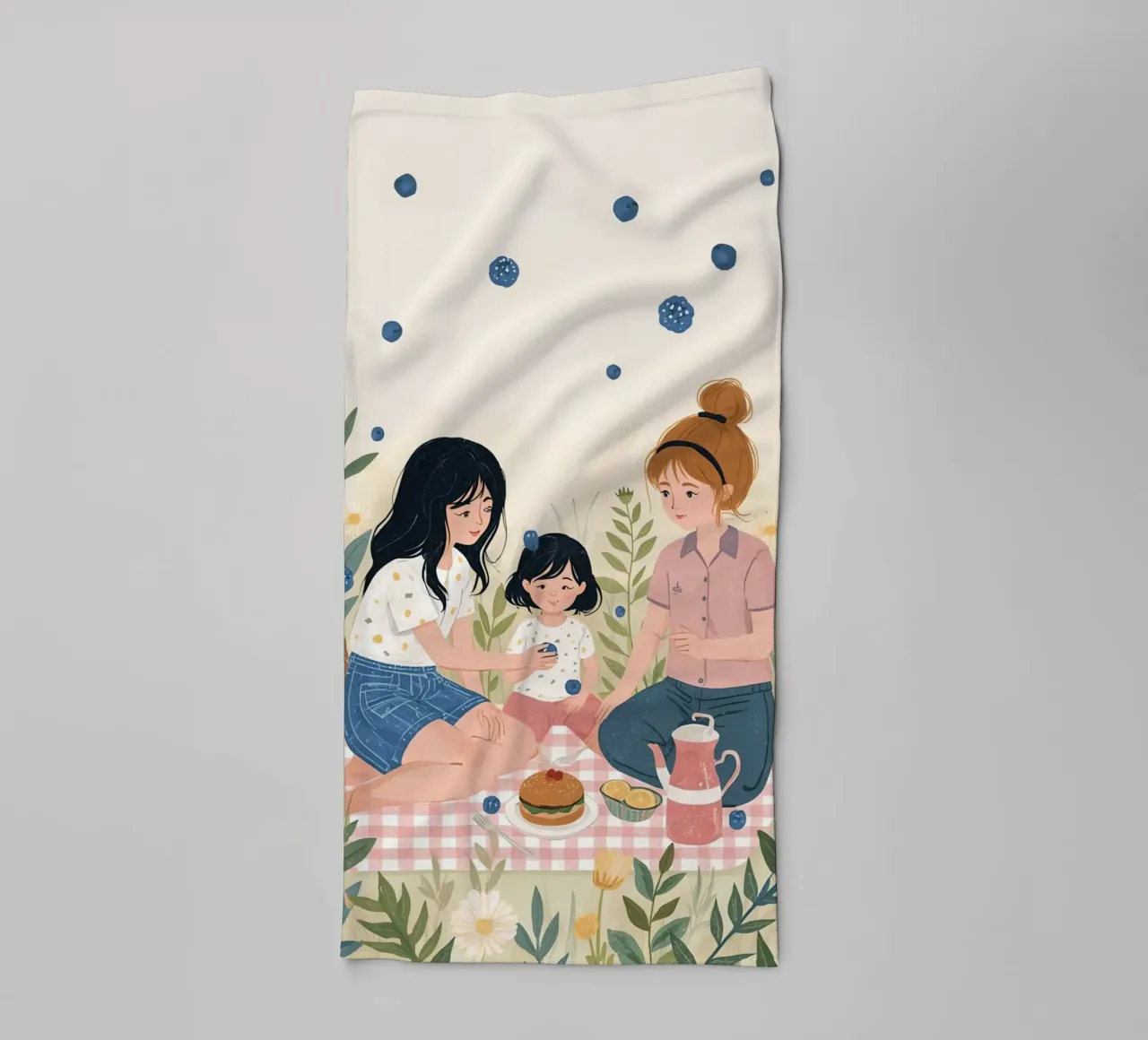 Una famiglia che si gode un picnic con cibo e fiori asciugamano da bagno da DesignDoodle