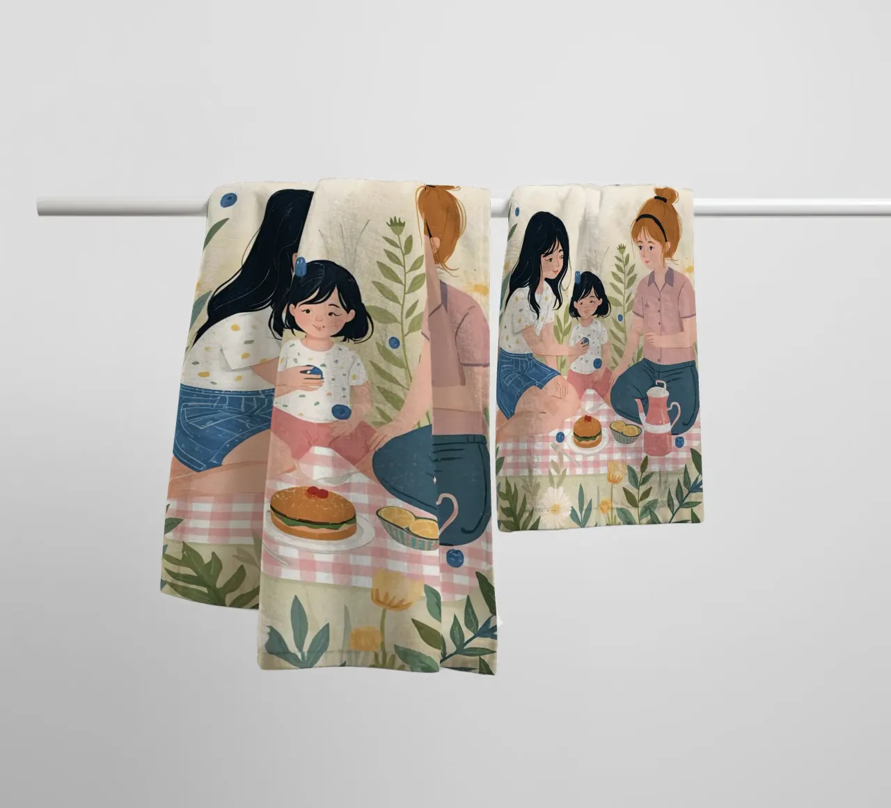 Una famiglia che si gode un picnic con cibo e fiori asciugamano da bagno da DesignDoodle