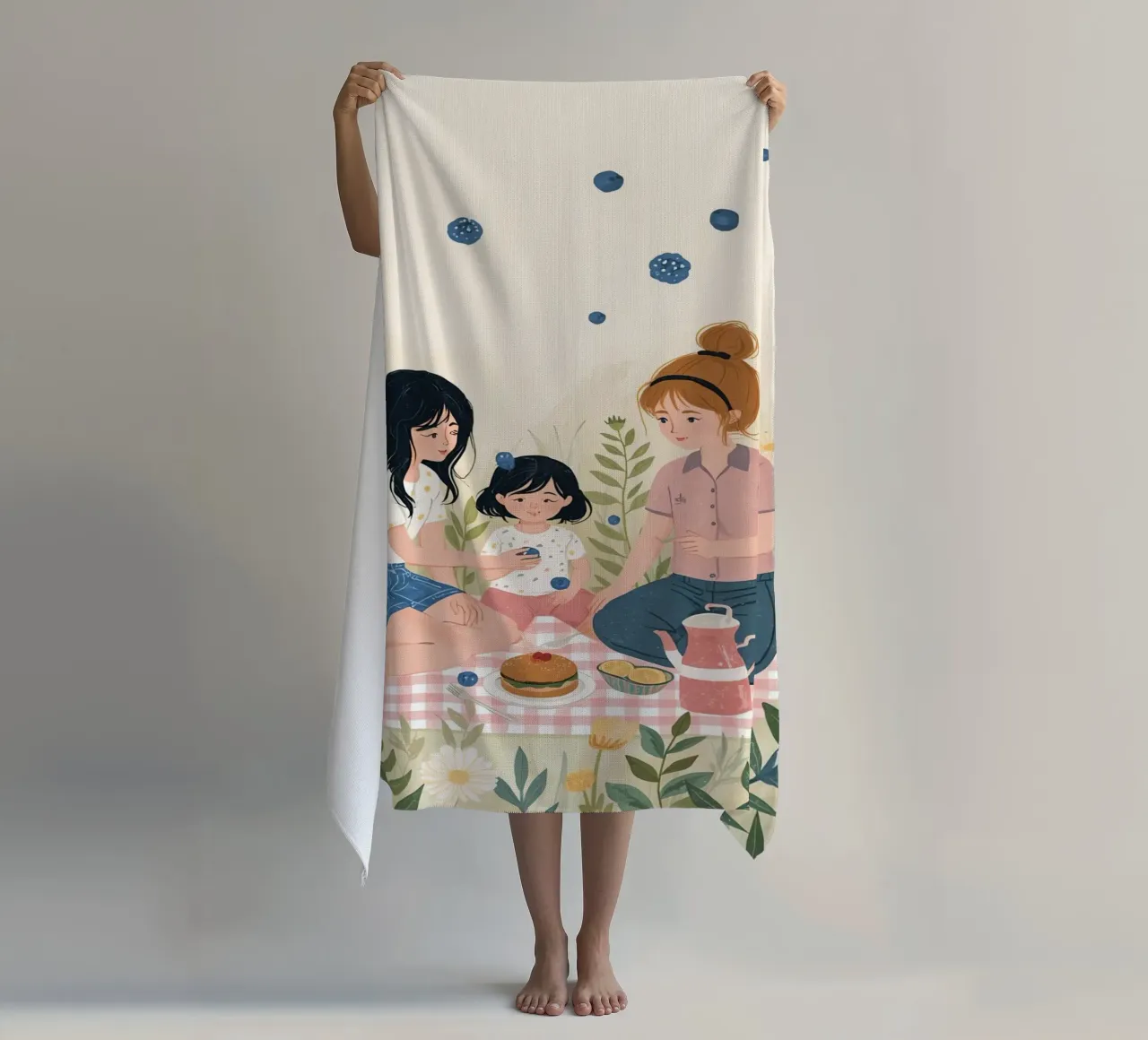 Una famiglia che si gode un picnic con cibo e fiori telo mare da DesignDoodle