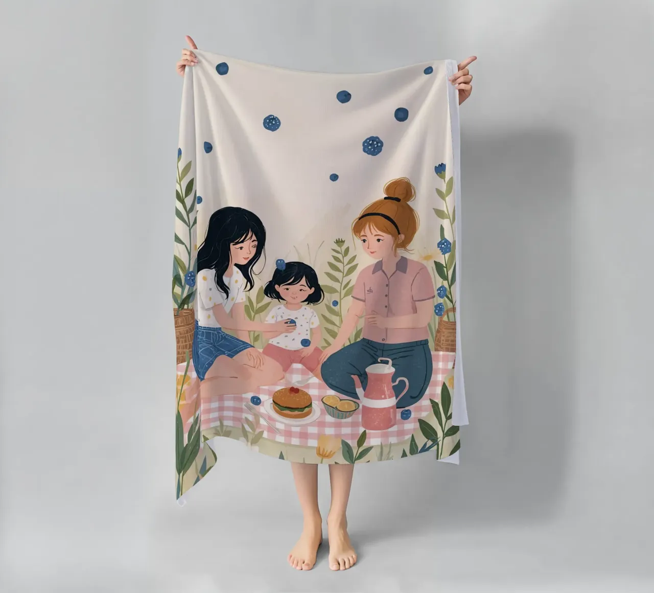 Una famiglia che si gode un picnic con cibo e fiori telo mare da DesignDoodle