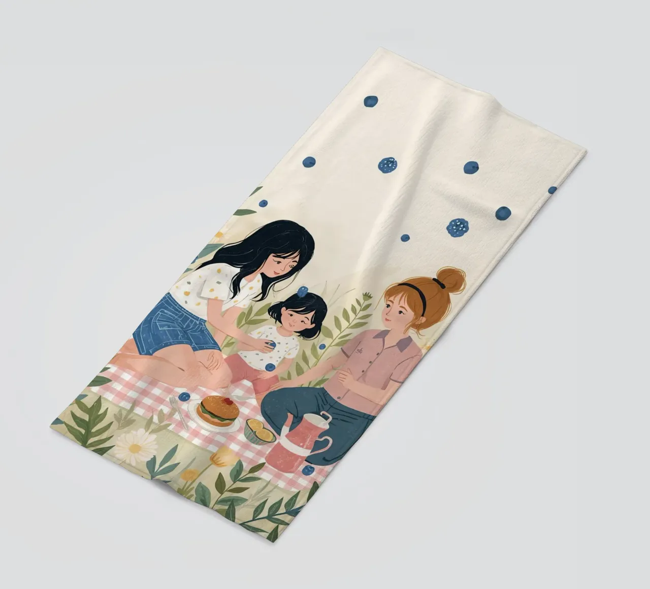 Una famiglia che si gode un picnic con cibo e fiori telo mare da DesignDoodle