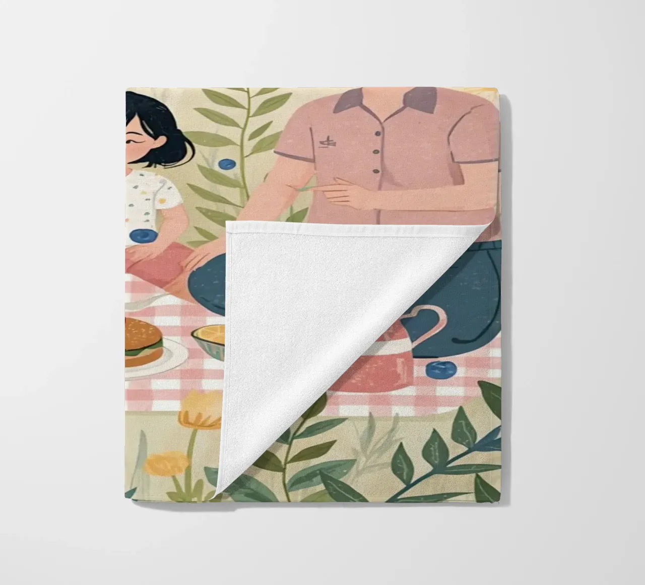 Una famiglia che si gode un picnic con cibo e fiori telo mare da DesignDoodle