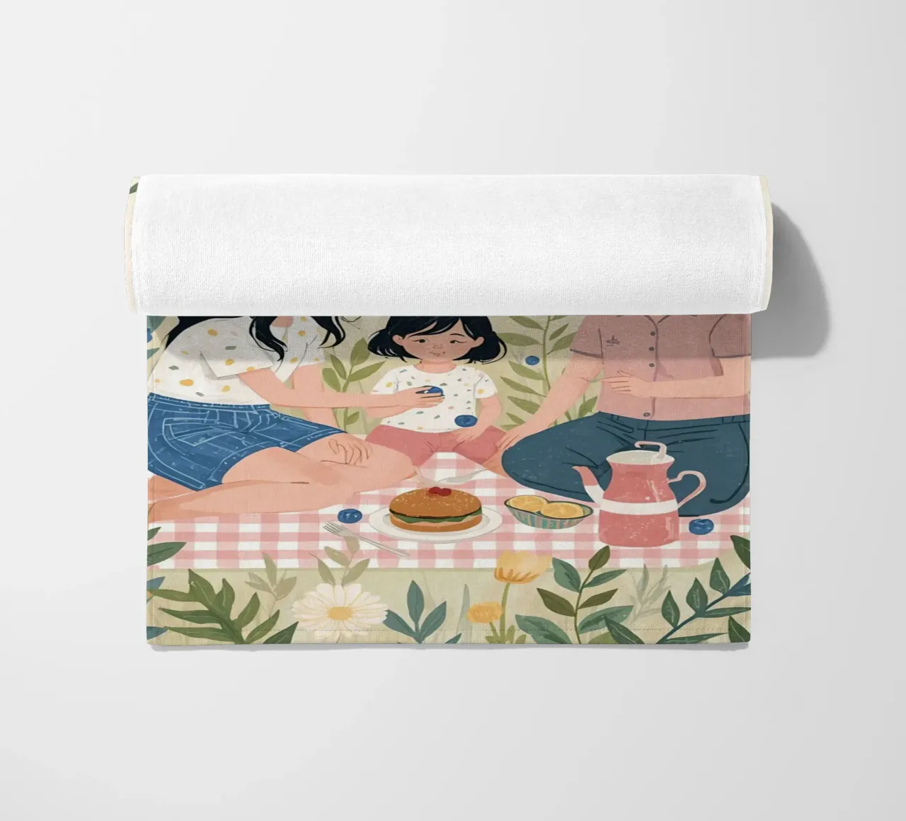 Una famiglia che si gode un picnic con cibo e fiori telo mare da DesignDoodle