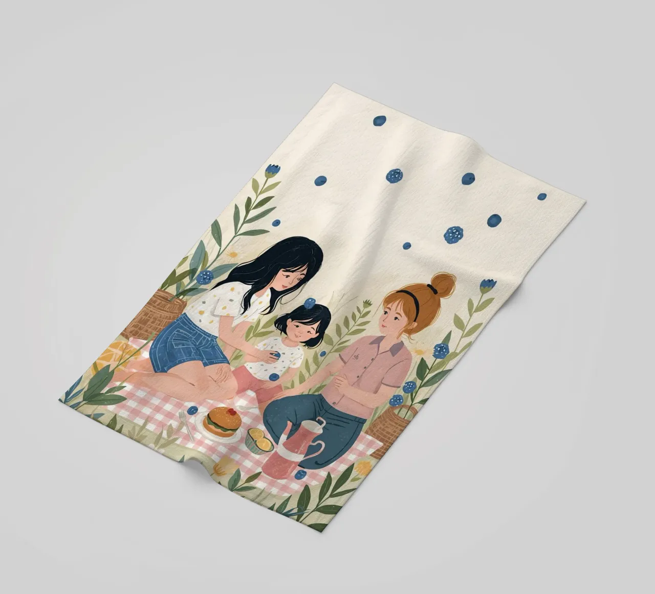 Una famiglia che si gode un picnic con cibo e fiori telo mare da DesignDoodle