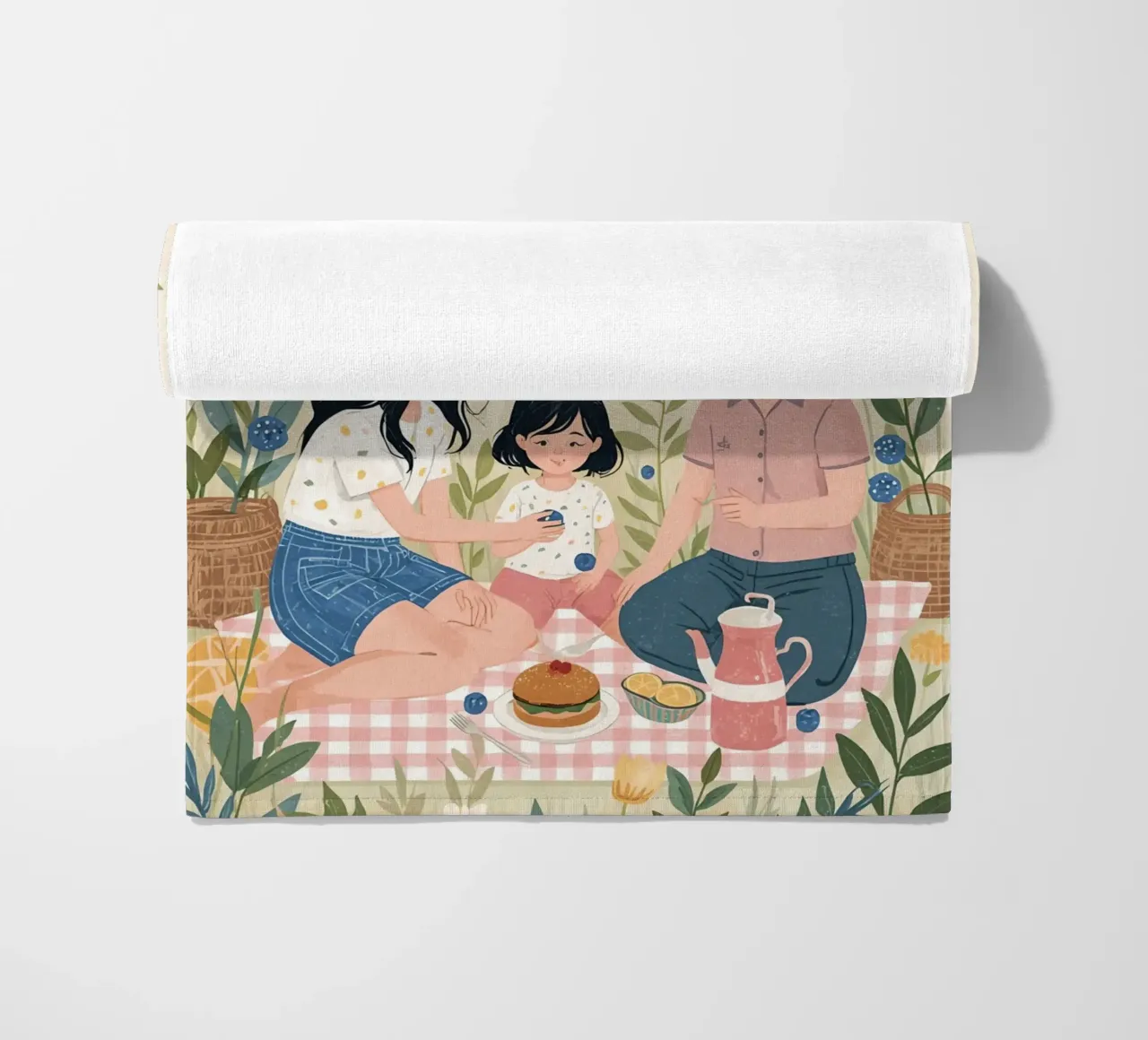 Una famiglia che si gode un picnic con cibo e fiori telo mare da DesignDoodle